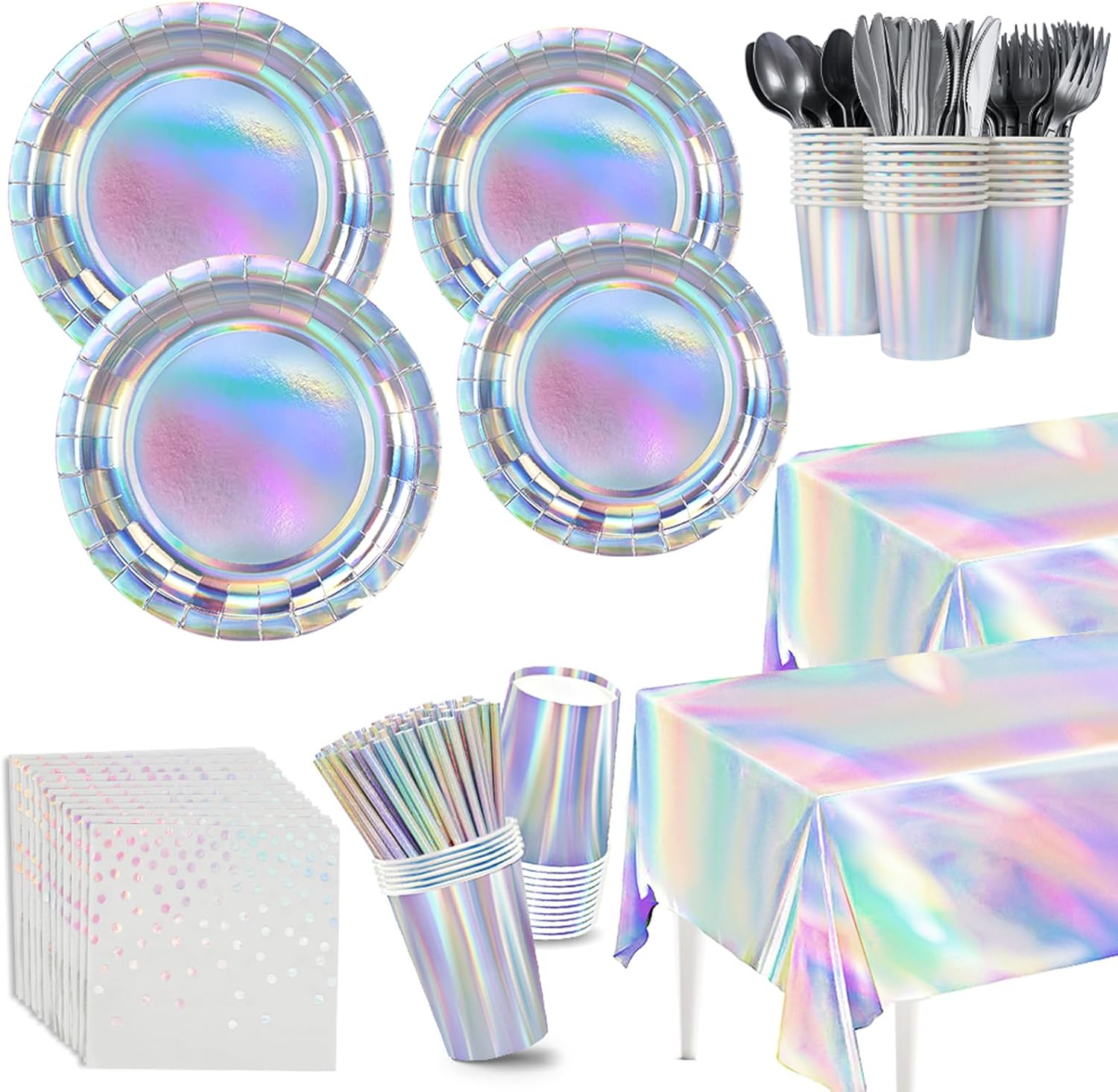 202Pcs Iridescent Party Plates Nanpkins Birthday Party Supplies Iridescent Paper Tableware Set witch Disposable Tablecloths for Mermaid Birthday Wedding Party Decorations Serve 25