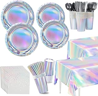 202Pcs Iridescent Party Plates Nanpkins Birthday Party Supplies Iridescent Paper Tableware Set witch Disposable Tablecloths for Mermaid Birthday Wedding Party Decorations Serve 25
