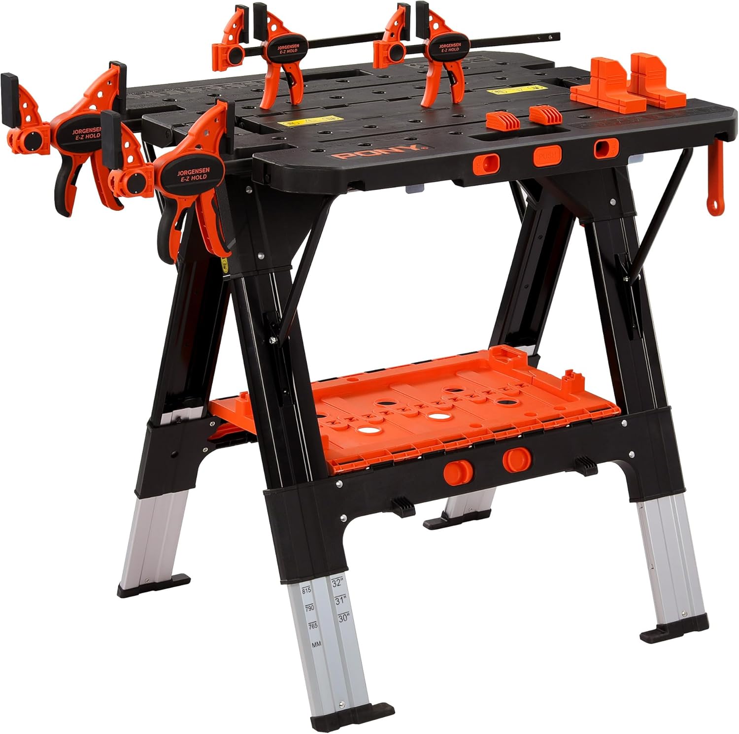 PONY 2-in-1 Folding Workbench, 227 kg Work Bench & 454 kg Saw Horse, 6 Adjustable Height Portable Work Table4 Quick Clamps, 4 Clamp Dogs & Tool Tray, 79 x 89 x 63.5 cm