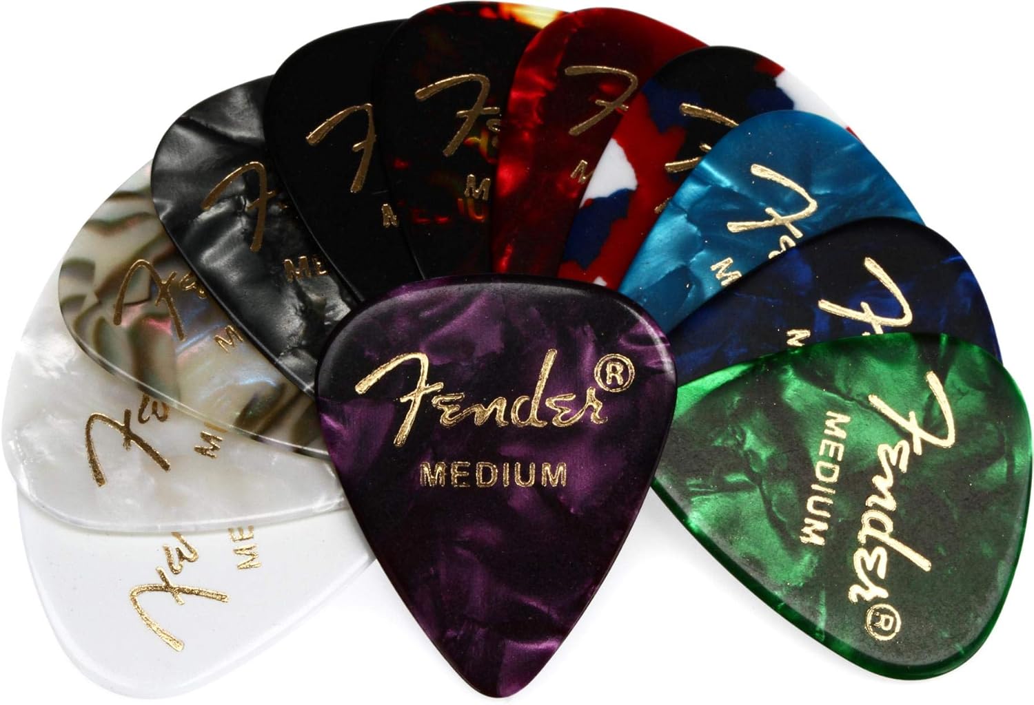 Fender Medium Gauge Guitar Picks, 351 Shape, Celluloid Medley Picks, Pack of 12 for Guitarists of All Levels