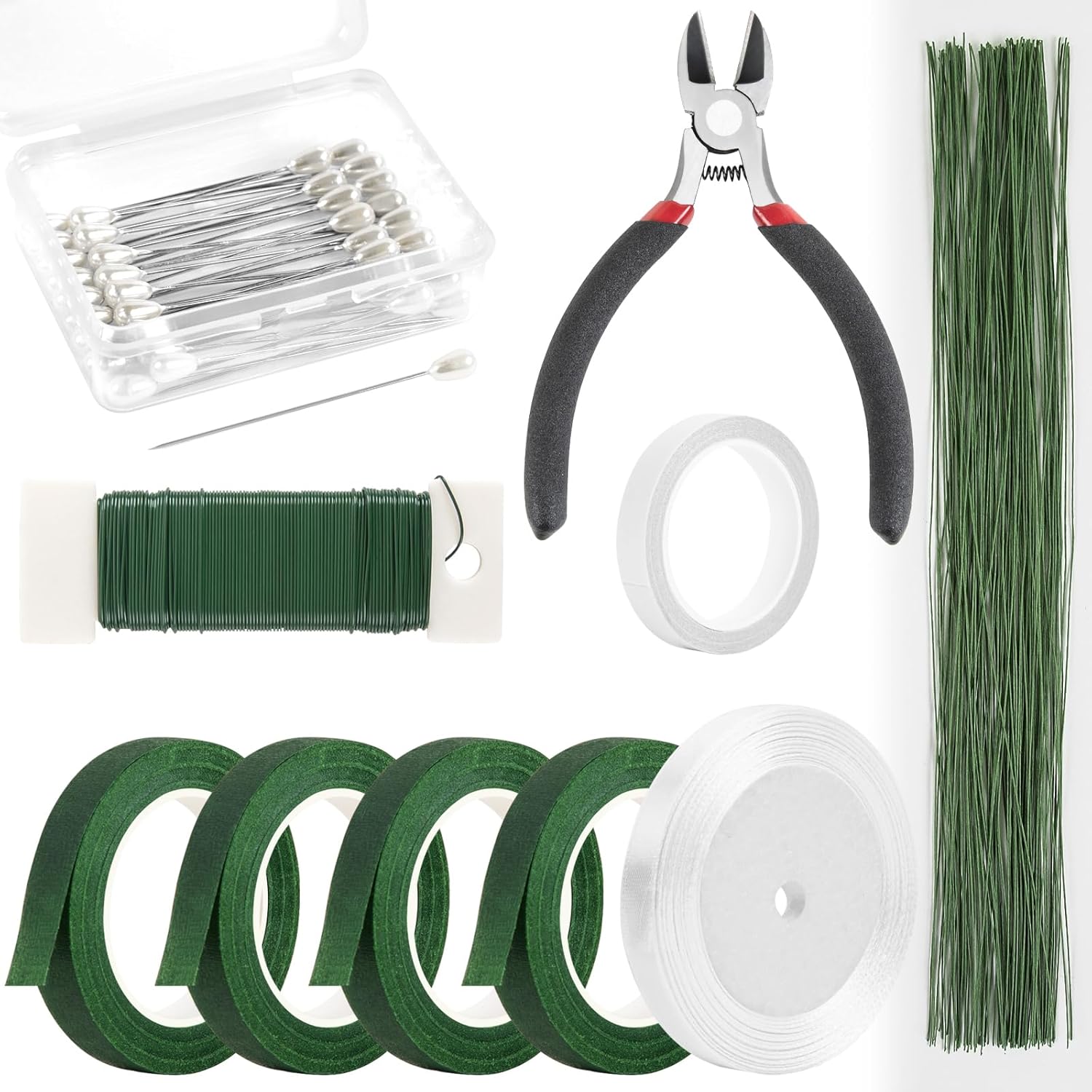 Floral Arrangement Kit with Green Floral Tape and Wire,26 Gauge Floral Stem Wire,22 Gauge Floral Wire,Boutonniere Pin for Bouquet Stem Wrap Florist.