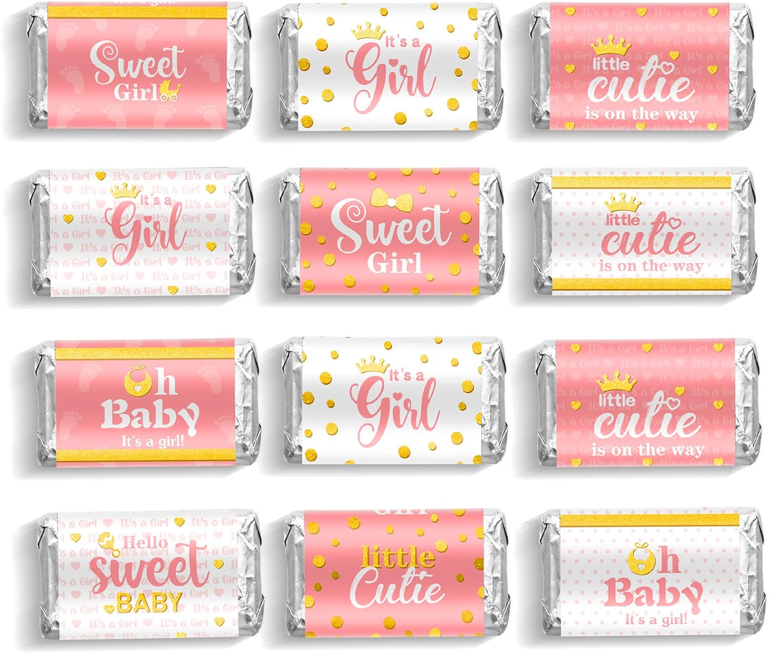 Baby Shower Candy Wrappers, Shower Mini Candy Bar Miniatures Wrappers Chocolate Bar Label Stickers for Boys Girls Kids Baby Shower Decor (No Candy)(Pink Girl Style, 90 Pieces)