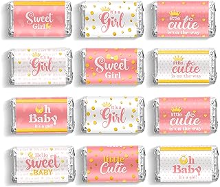 Baby Shower Candy Wrappers, Shower Mini Candy Bar Miniatures Wrappers Chocolate Bar Label Stickers for Boys Girls Kids Baby Shower Decor (No Candy)(Pink Girl Style, 90 Pieces)