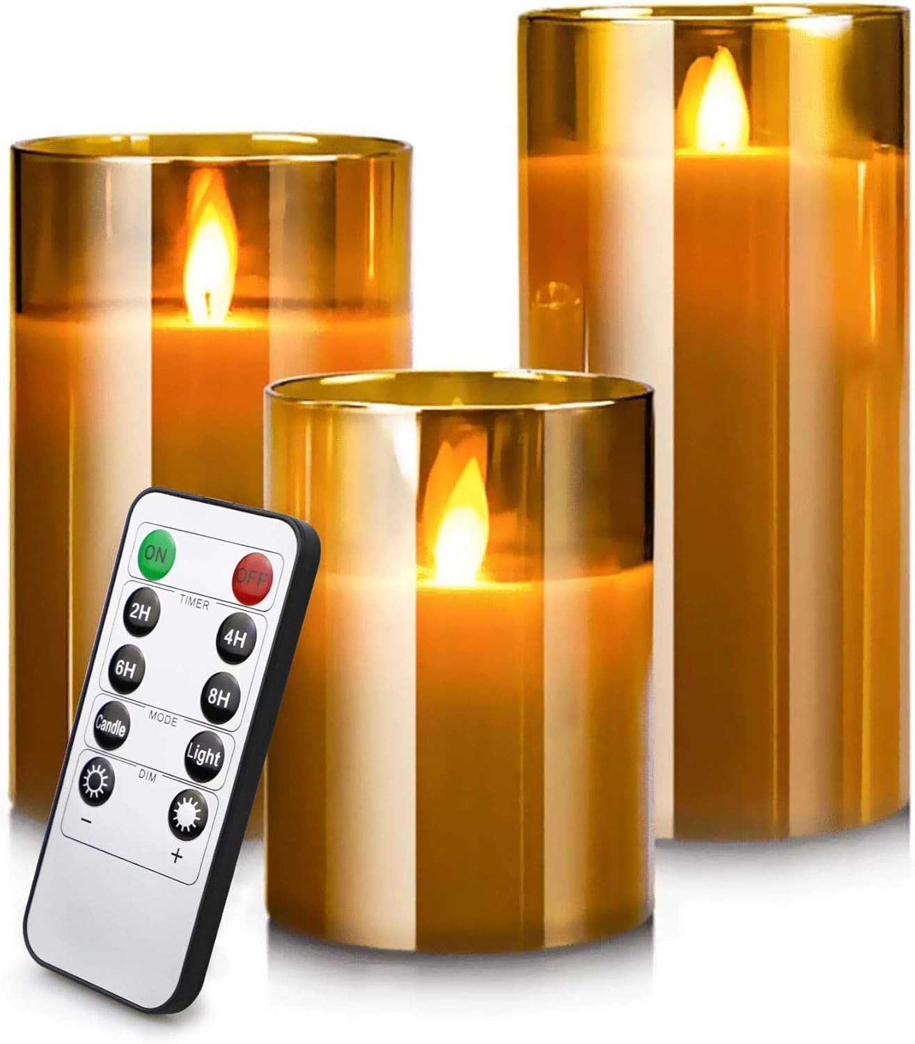 YMing Flameless Flickering Candles,3 Pack LED Candles Battery Operated,Fake Wick Electric Candle with Remote,Real Wax Moving Pillar Glass Candle for Festival,Home Living Room Party Deco(Gold)