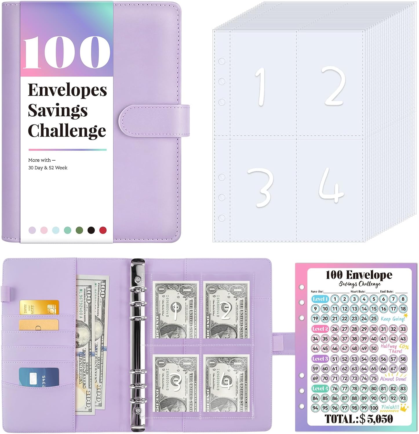 Sooez 100 Envelopes Money Saving Challenge, Savings Challenges Book with Envelopes & Challenge Tracker, Motivational Process to Save $5050, Money Saving Binder 100 Pocket Pre-Numbered, Purple