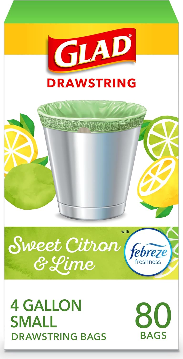 Glad Small Trash Bags, Great for Office, Bathrooms and Bedroom Bins, Sweet Citron and Lime Scented Garbage Bags, Odor Resistant with Drawstring, Febreze Freshness, 4 Gallon Trash Bags, 80 Count