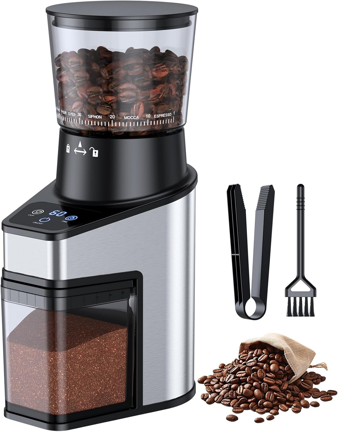 Burr Coffee Grinder Electric, Coffee Bean Grinder with 60 Adjustable Grind Settings for Home Use, Espresso Grinder with 60s Precision Timer & 1-8 Cup, Anti-static, Stainless Steel, Black(updated)