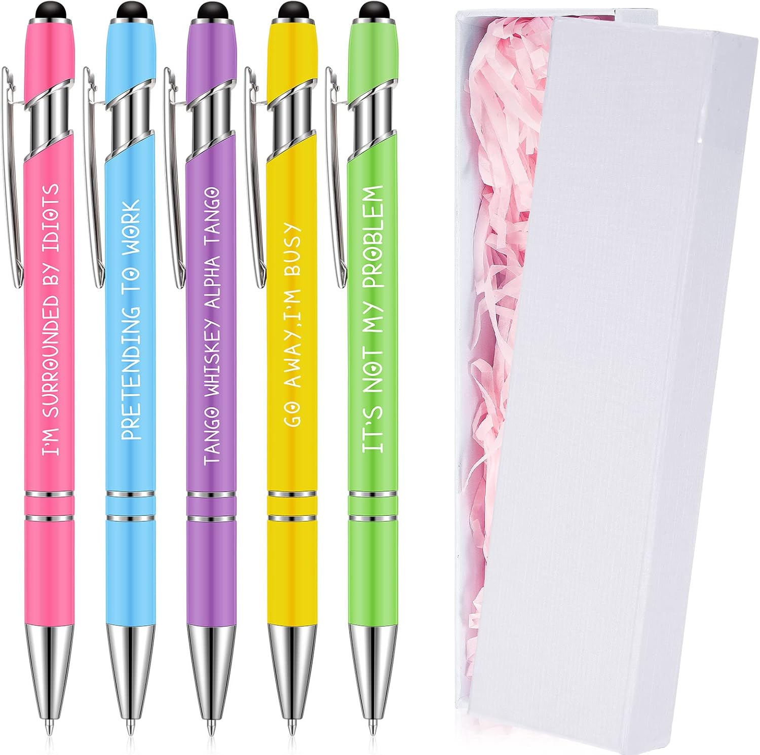 Censen 5 Pcs Ballpoint Pens Retractable Metal Rude Pens Black Ink Funny Sarcastic Novelty Pens with Complaining Quotes Gift Box Raffia Grass for Office School Stationery Adults Gifts (Colorful)