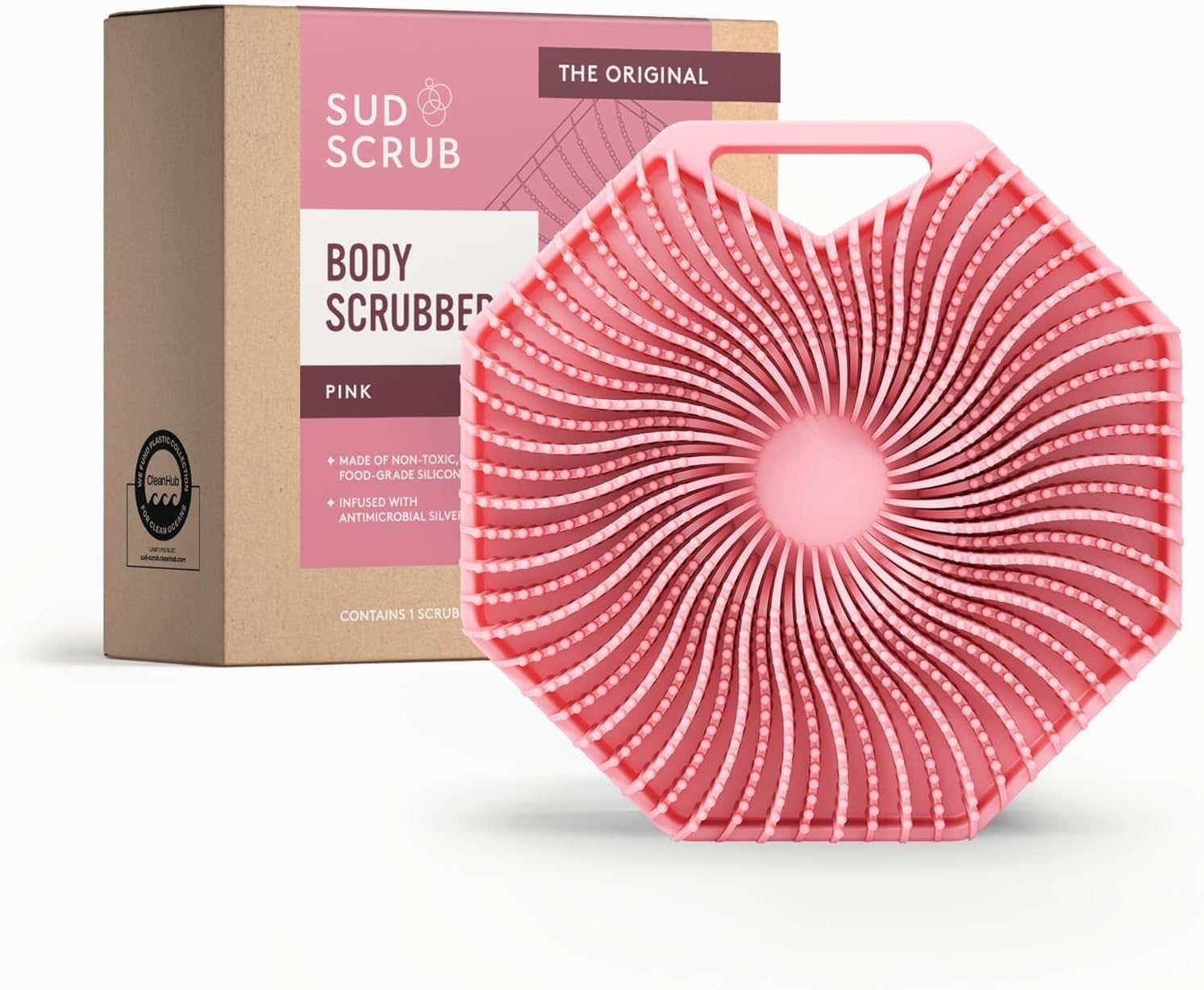 Sud Scrub® Antimicrobial Silicone Body Scrubber, Exfoliating Body Brush for Sensitive Skin, Antibacterial Shower Scrubber for Body, Bathroom Essentials for Men & Women, Pink