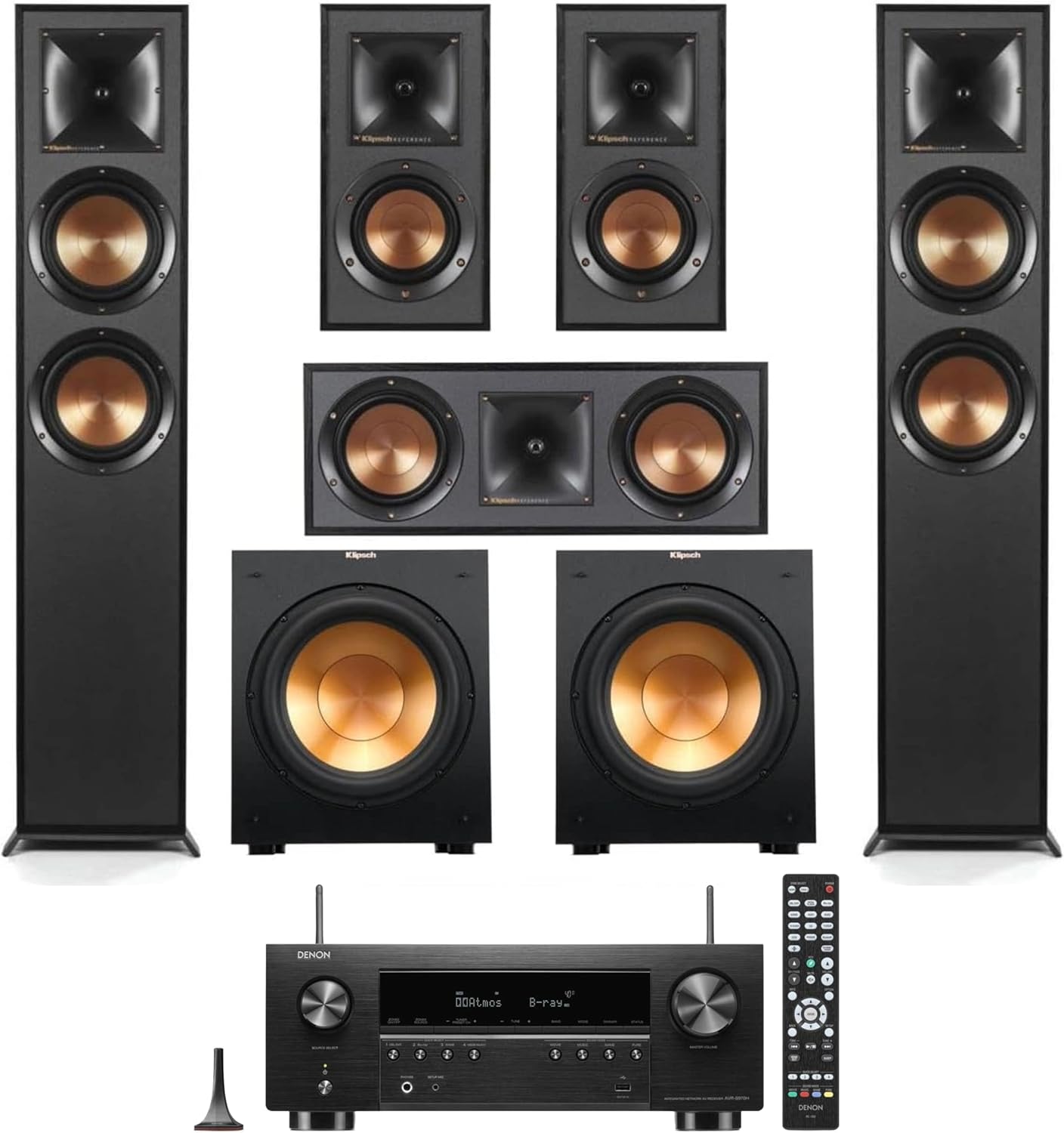 Klipsch Reference Home Theater Pack with 2X R-625FA Floorstanding Speakers, R-52C Center Channel, Pair R-41M Bookshelf Speakers (Speaker System + 2X Subwoofers + Receiver)