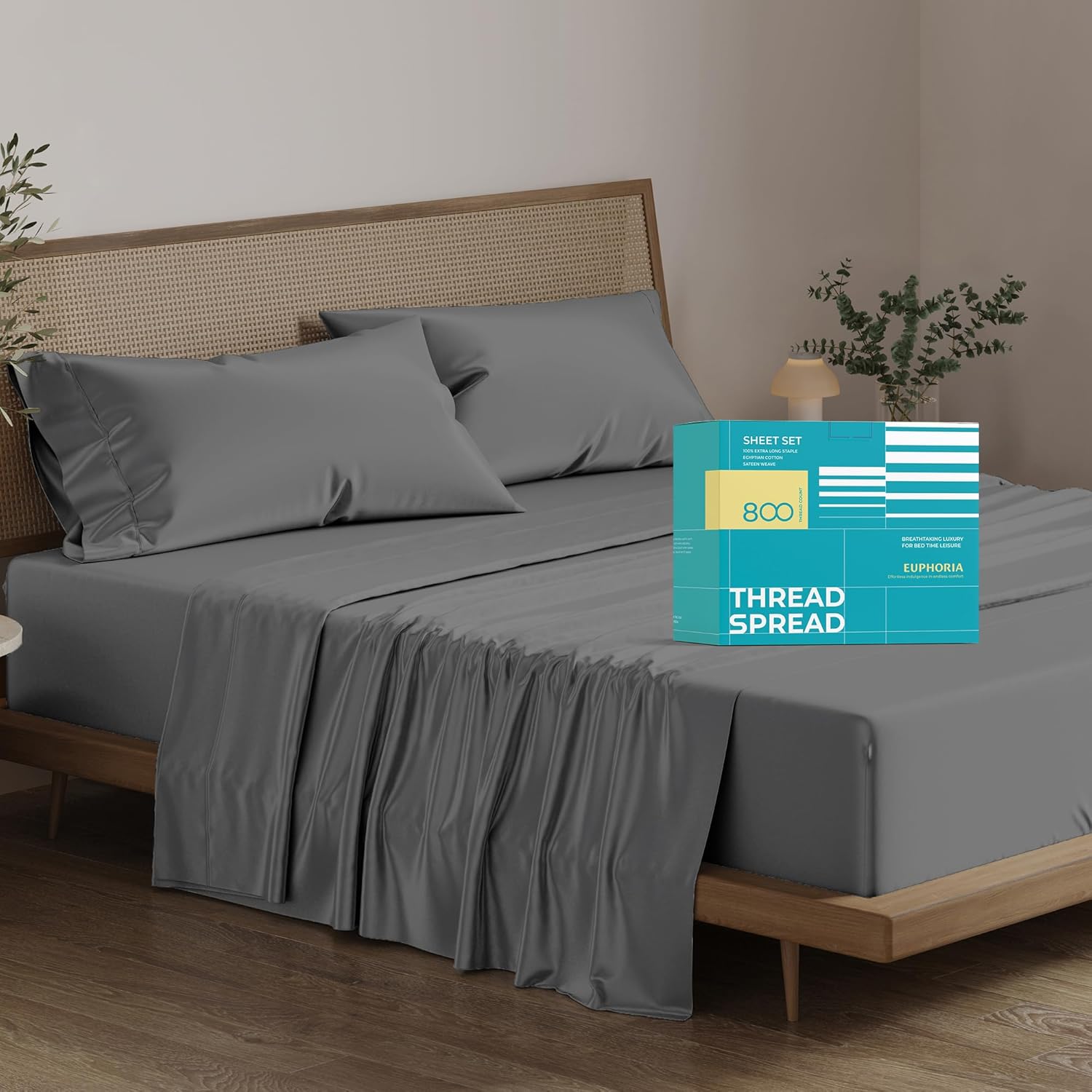 THREAD SPREAD 100% Egyptian Cotton Sheets King Size - 800 High Thread Count Sheets, 4 PC Luxury Hotel King Size Sheet Set, 16" Deep Pocket Sateen Weave Soft Cooling Bed Sheet Sets - Dark Grey