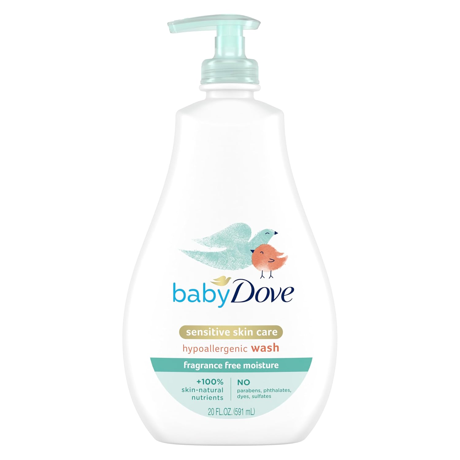 Baby Dove Sensitive Skin Care Baby Wash Fragrance Free Moisture For Baby Bath Time Fragrance Free and Hypoallergenic, Washes Away Bacteria 20 oz
