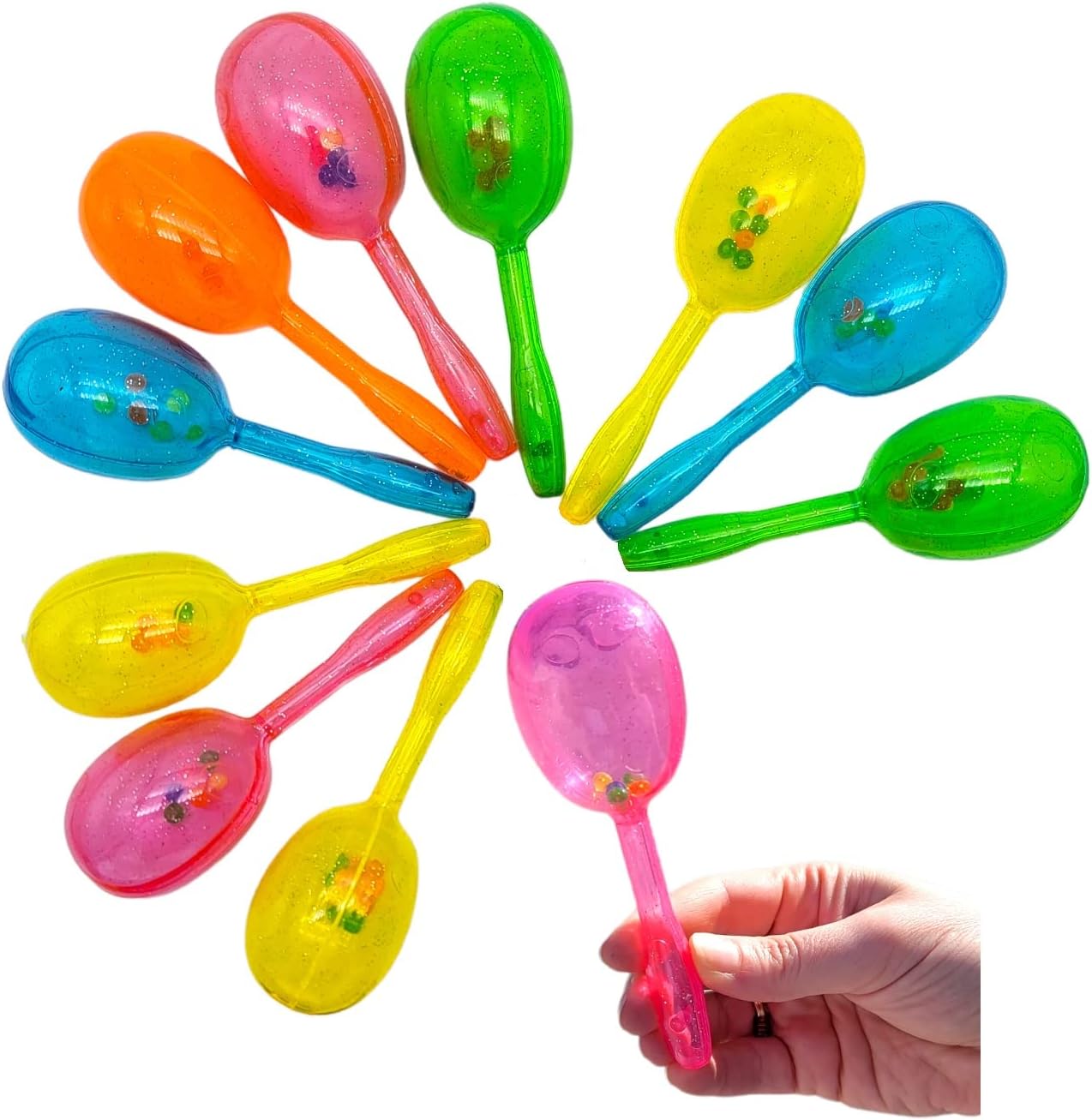 Colorful Glitter Shiny Maracas 12 Pack (5") Plastic. Neon Colors. Fun Music Hand Shakers, Noisemakers, Musical Instrument. Fiesta Dancing Birthday Party Favor. DJ Promo Item