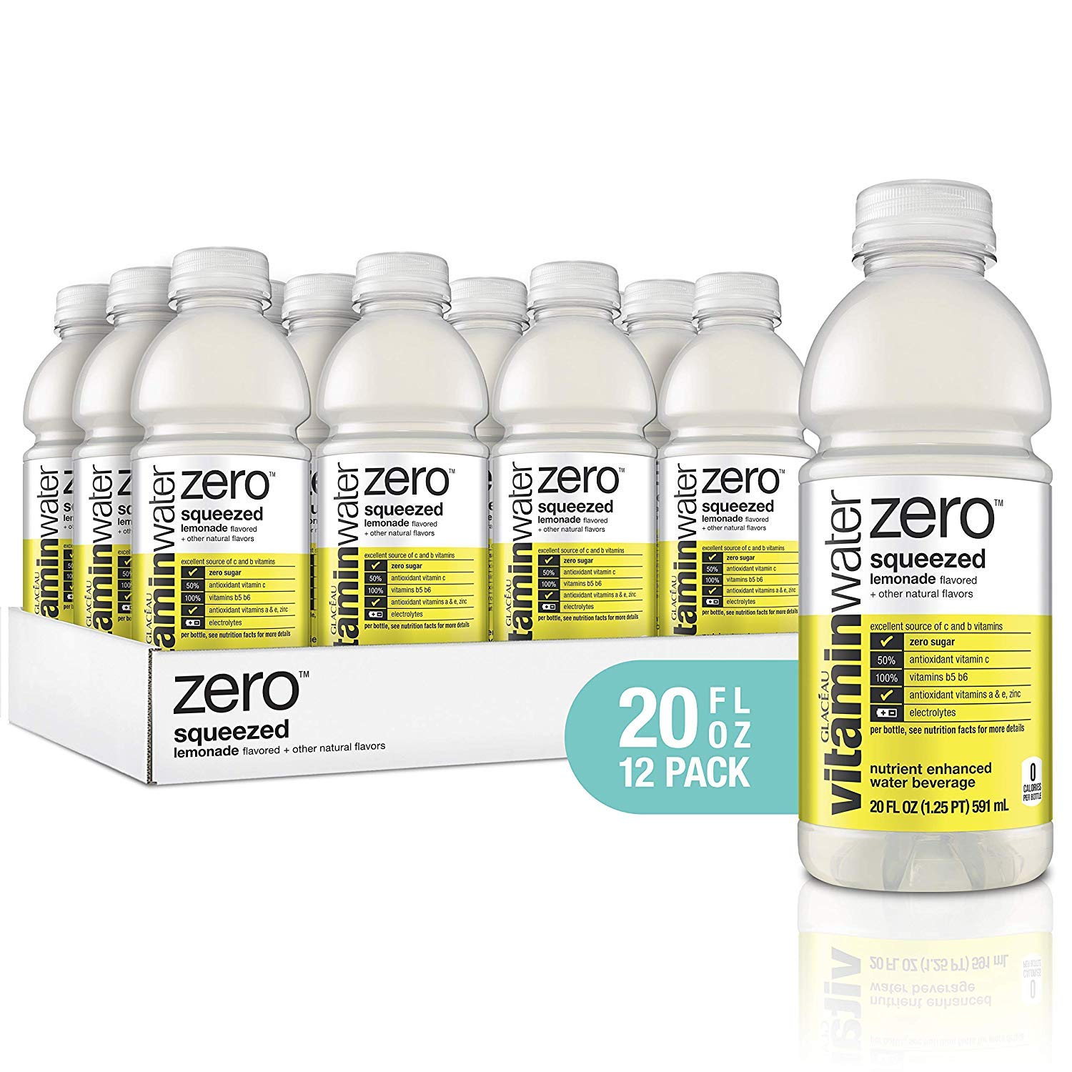 vitaminwater zero sugar squeezed, electrolyte enhanced water w/vitamins, lemonade drinks, 20 fl oz, 12 Pack