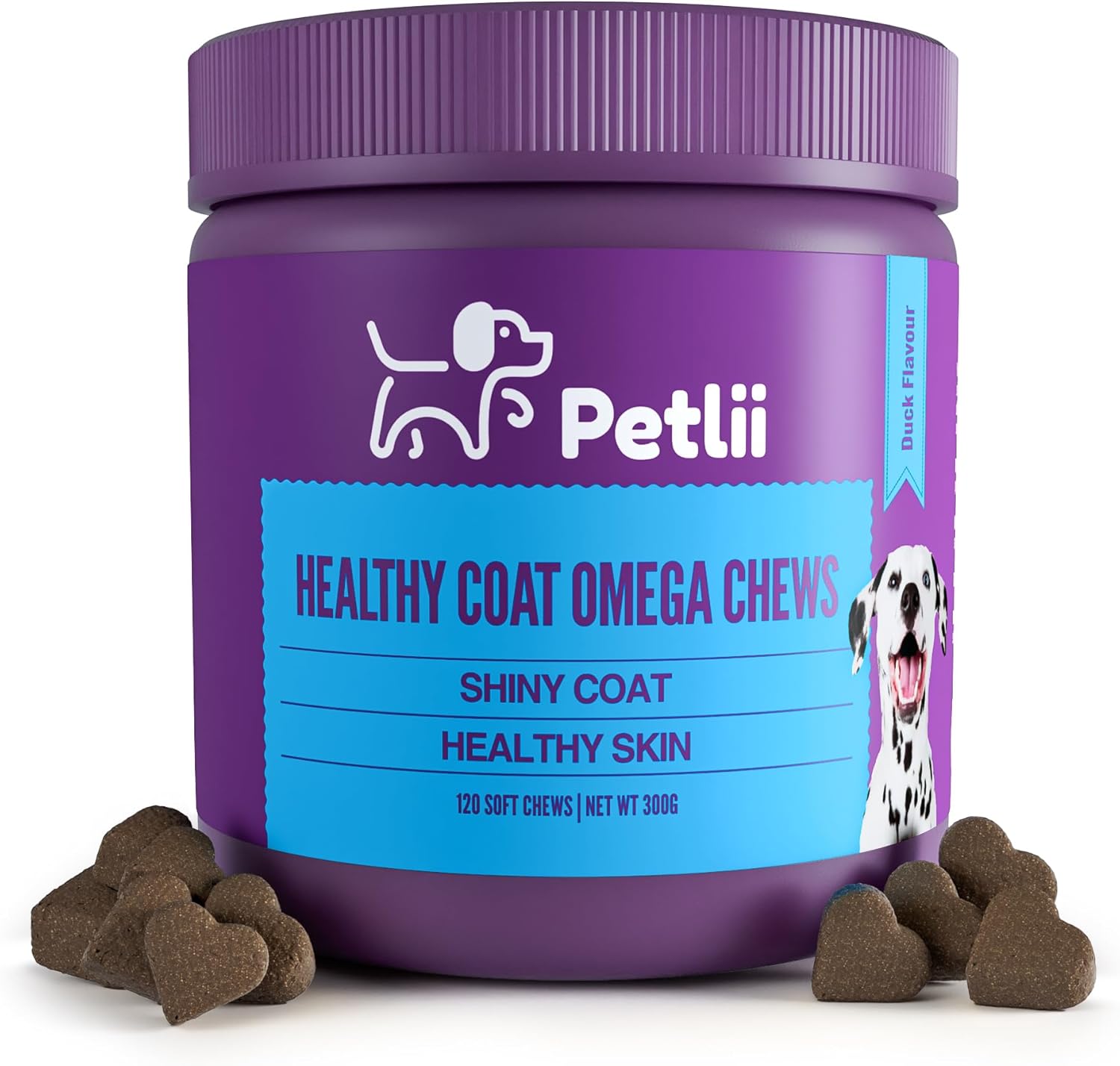 Petlii HEALTHY COAT OMEGA CHEWS - 120 Duck flavour Chews for Skin and Coat health. Omega 3, 6, 9, Biotin, Zinc, Fish Oils and Vitamins to relieve itching, allergies, dryness, patchiness and shedding