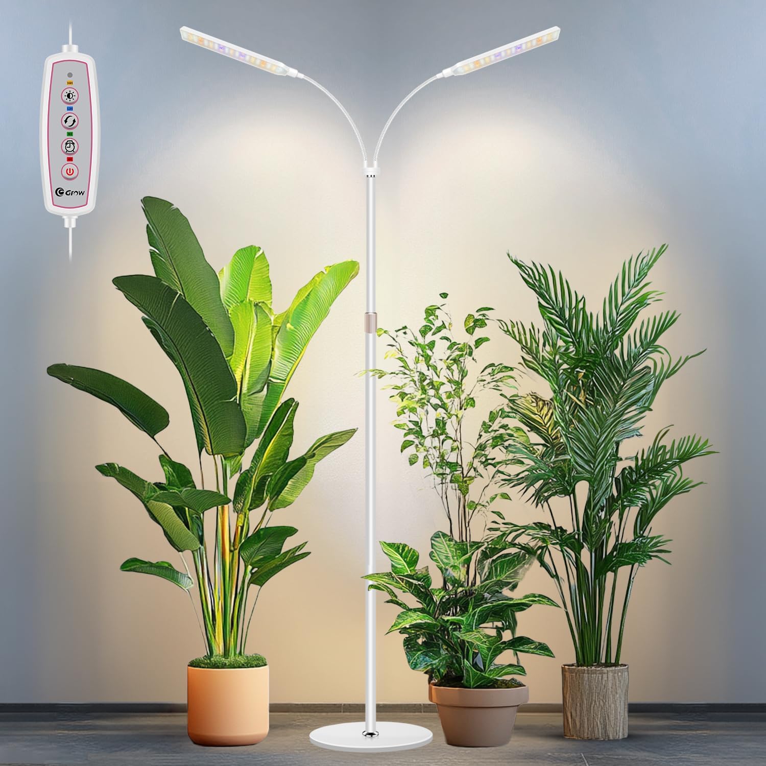Kullsinss Floor Grow Lights for Indoor Plants, 114 LEDs Full Specturm Plant Lighs for Indoor Growing with 4/8/12/16H Timer, 3 Color Modes, 5 Brightness, Height Adjustable Standing Plant Lamp, 2 Heads