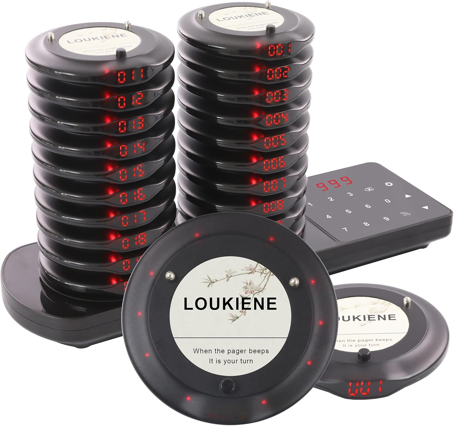 LOUKIENE Restaurant Pager System, 20 Wireless Coaster Beeper Guest Customer Queue Pagers for Food Truck Church Nursery Clinic Coffee Shop Restaurants Bar with Vibration Flash Buzzer