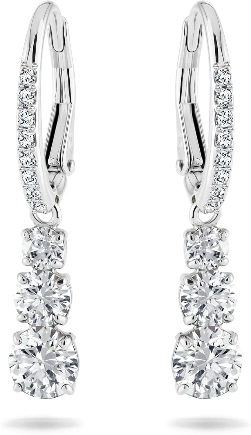Swarovski Stilla Attract Trilogy Drop Pierced Earrings with White Crystals on a Rhodium Plated Setting with Hinged Closure