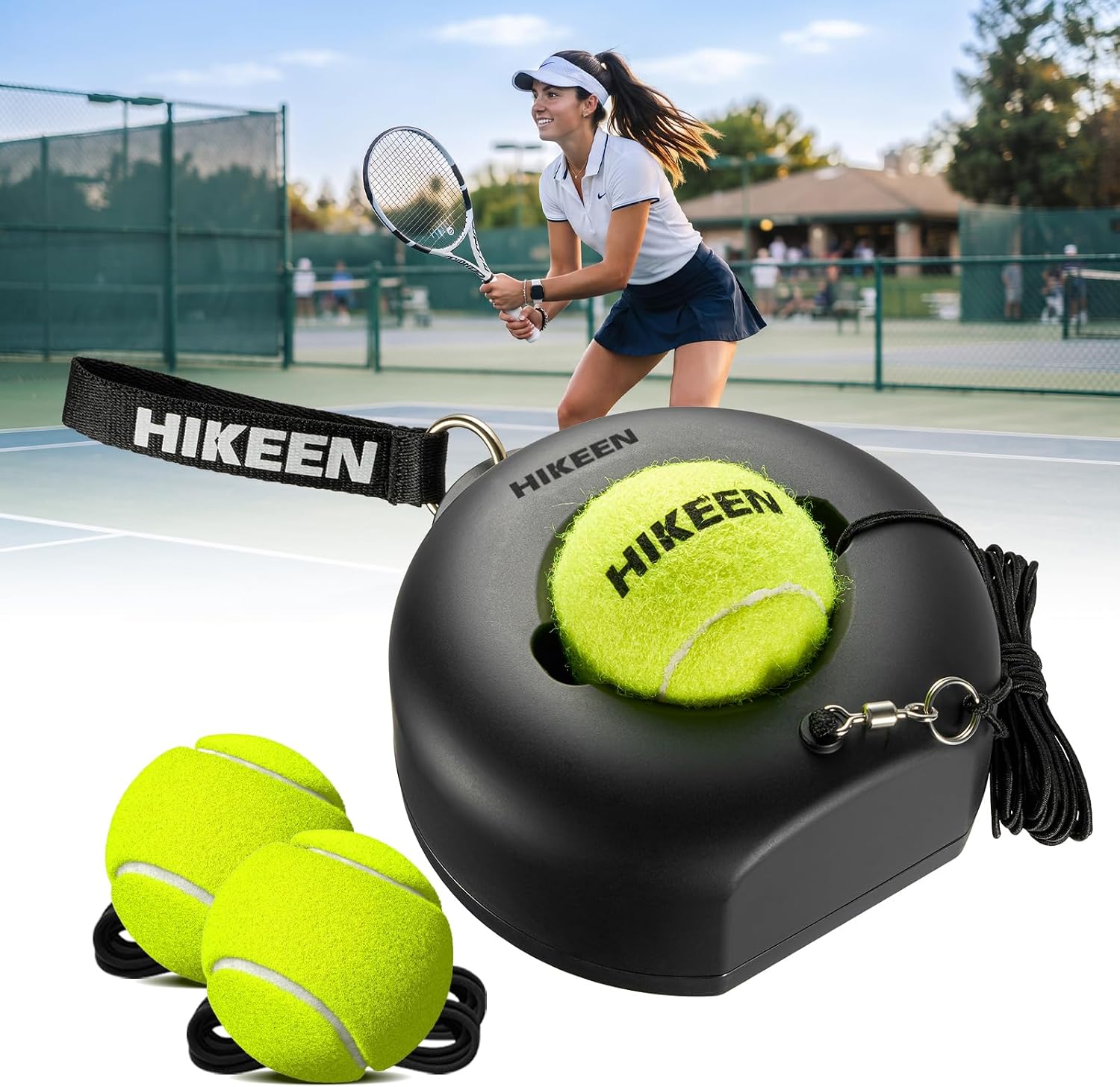 Hikeen Premium Tennis Trainer Rebound with Metal Base,Portable Solo Tennis Trainer Set with 3 Highly Elastic String Balls,Tennis Practice Equipment for Adult Kids an Beginners