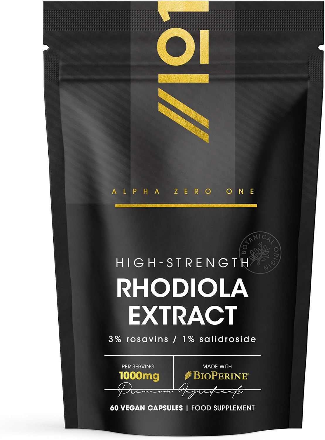 Rhodiola Rosea Extract 1000mg - 3% Standardised Rosavins 1% Salidroside - Made with BioPerine® for Enhanced Absorption - 60 Vegan Capsules (1 Month Supply) – by Alpha01