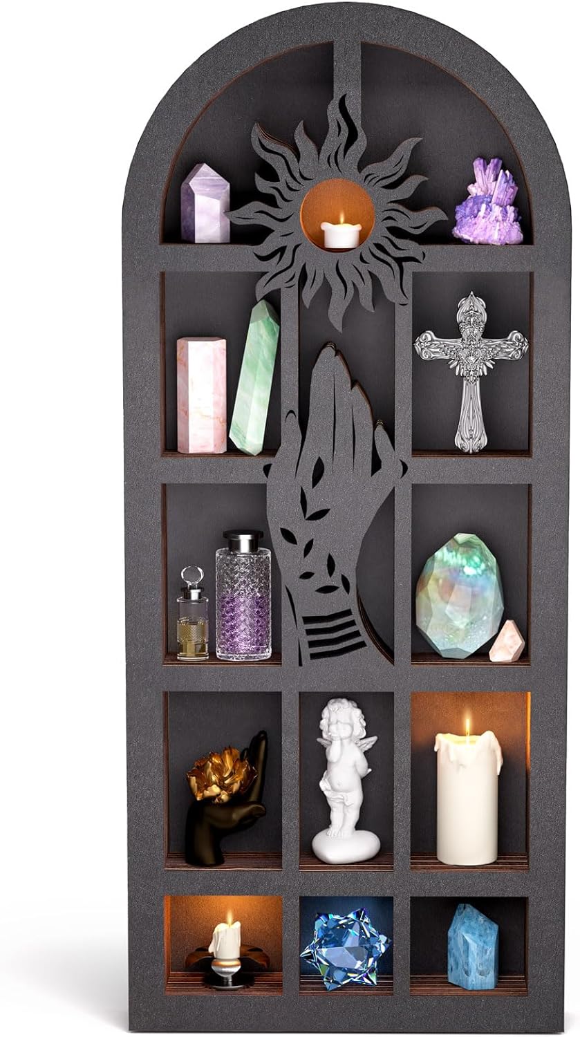 Qmetalart Religious Trinket Shelf, Crystal Display Shelf Storage Wall Hanging Wooden Floating Shelves with Hand Sun Leaf Cut-Out Designs for Rock Gem Stone Showcase Organizer Home Wall Tabletop Decor