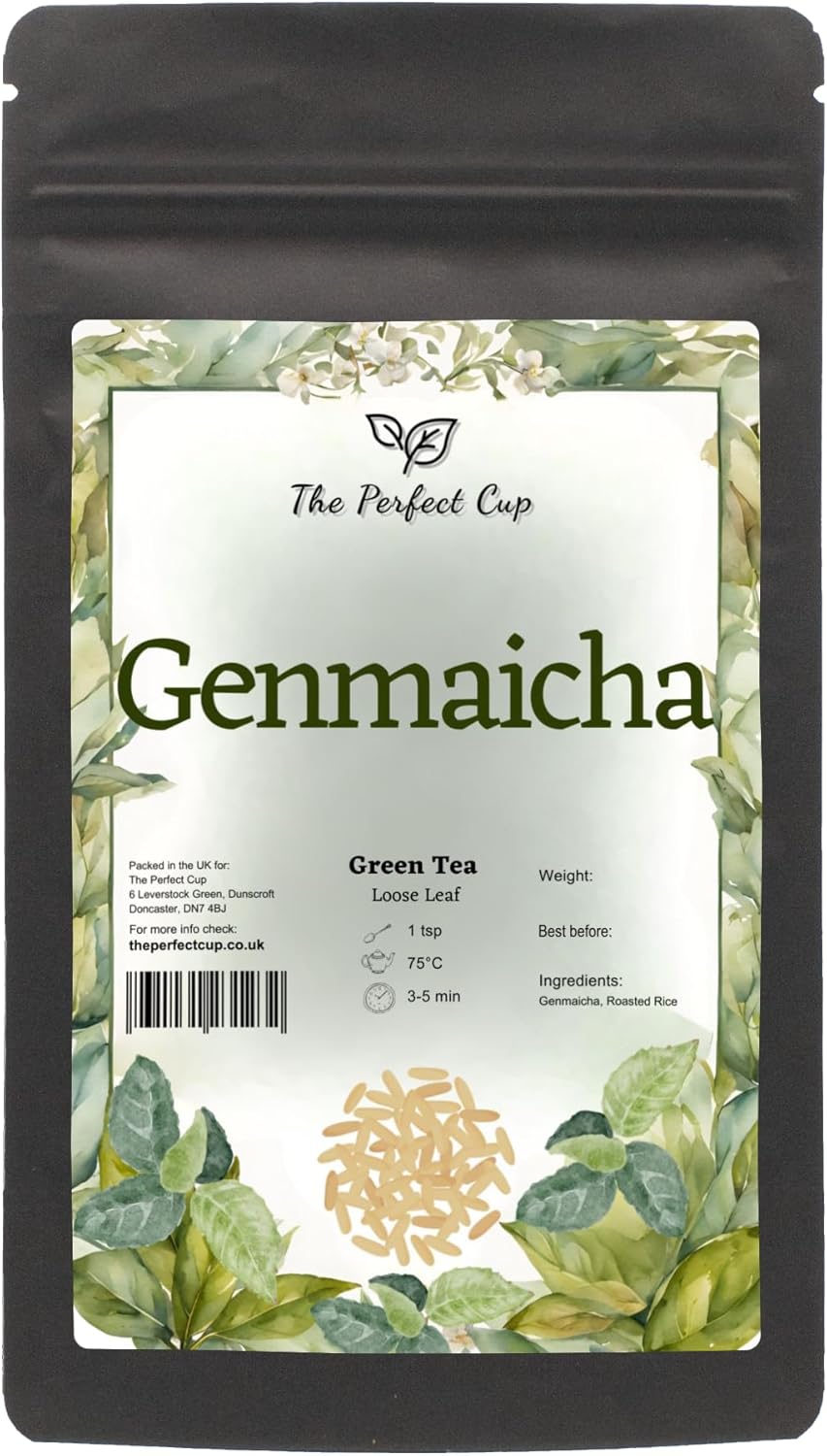 Genmaicha Tea (50g) Premium Style of Japanese Green Tea Loose Leaf with Roasted Rice China Sencha Aromatic Smooth Blend Low Caffeine Perfect Full of Flavour Relaxing Closed in Dark Resealable Package