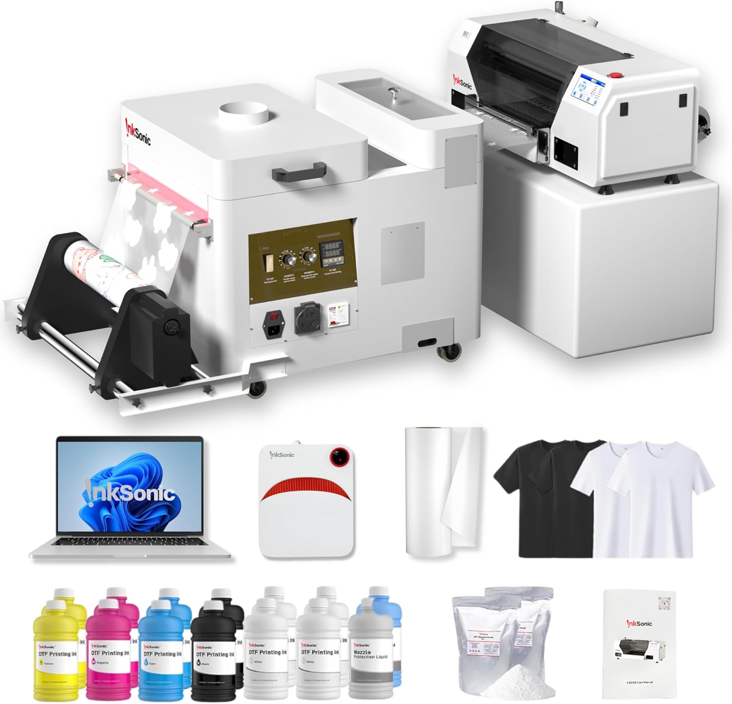 InkSonic XP600 DTF Printer Bundle, A3 Printing Machine with Automatic Curing, Pre-installed Laptop Combo, Powder Shaker & Dryer, DTF Transfer Machine with White Ink Circulation for T-Shirt Printing