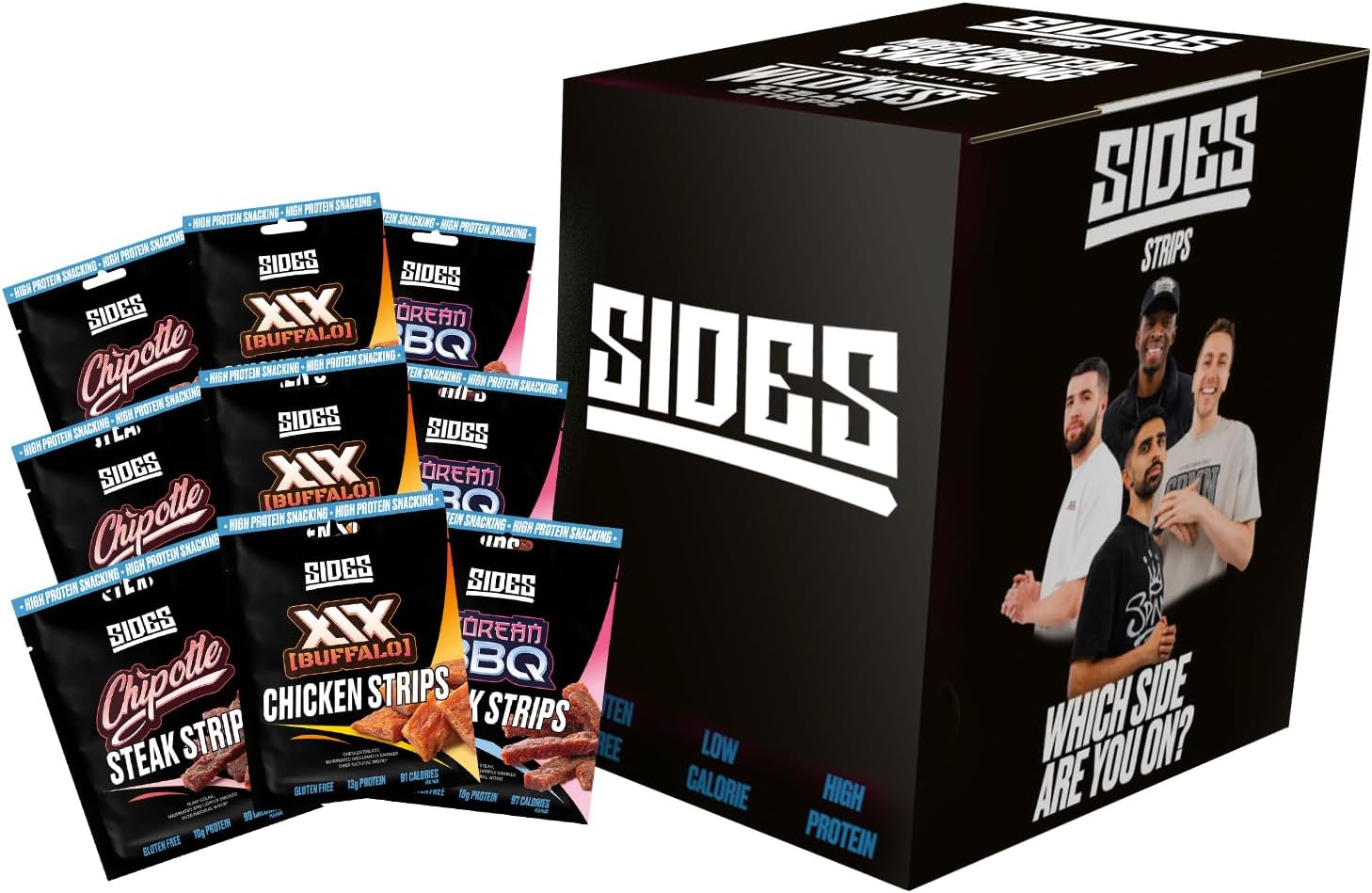 Sides - Variety Case - Chipotle, Korean BBQ Beef Steak and XIX Buffalo Chicken Strips - High Protein Jerky Meat Snack - Box of 9 x 35 g Packs