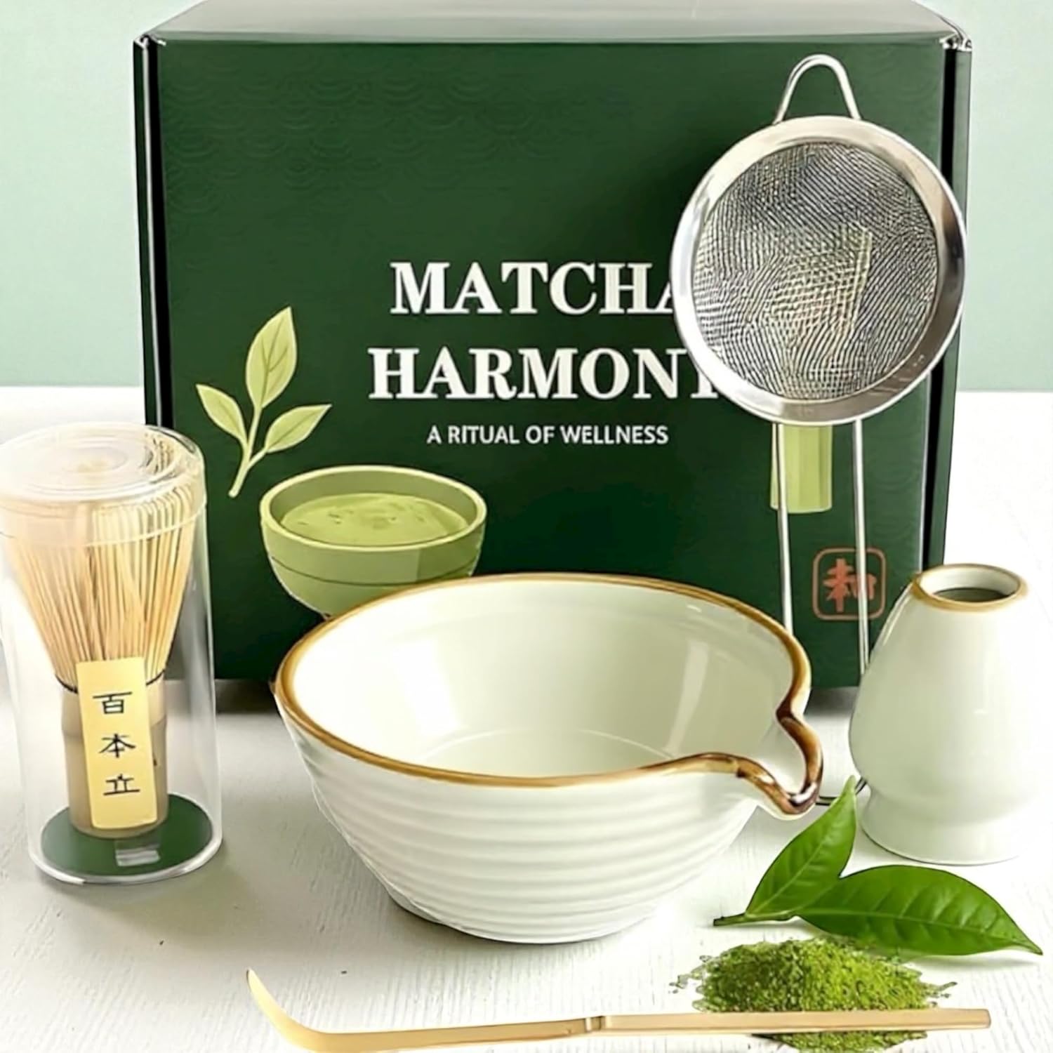 Matcha Set, Handmade Matcha Making Kit with Bamboo Whisk, Spiral Ceramic Bowl, Spoon, Strainer & Holder, Kit for an Authentic Tea Ritual, Ideal Matcha Gift Set for Beginners and Enthusiasts