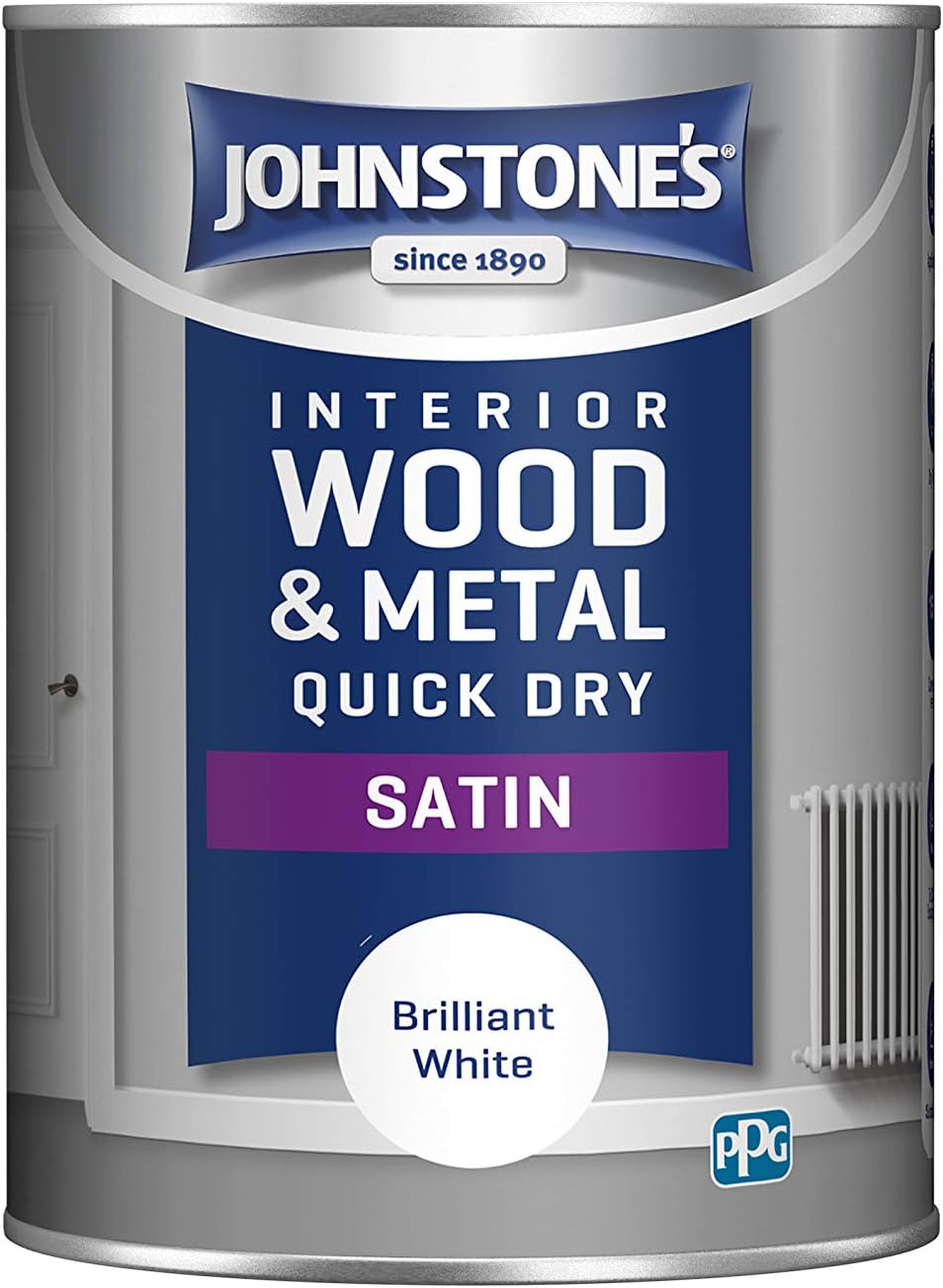 Johnstone's - Quick Dry Satin - Brilliant White - Mid Sheen - Water Based - Interior Wood & Metal - Radiator Paint - Low Odour - Dry in 1-2 Hours - 12m2 Coverage per Litre - 1.25 L