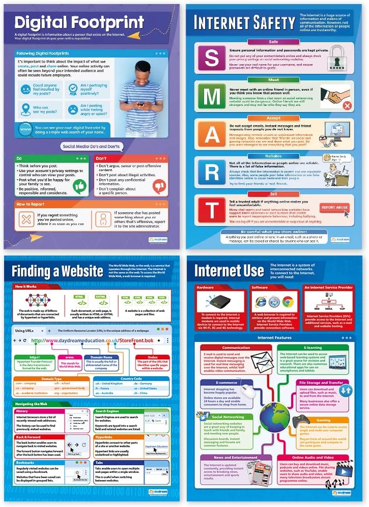 Daydream Education The Internet Posters - Set of 4 - EXTRA LARGE 33” x 23.5" - Laminated - Technology and Computing Middle & High School Classroom Decoration - Wall Charts