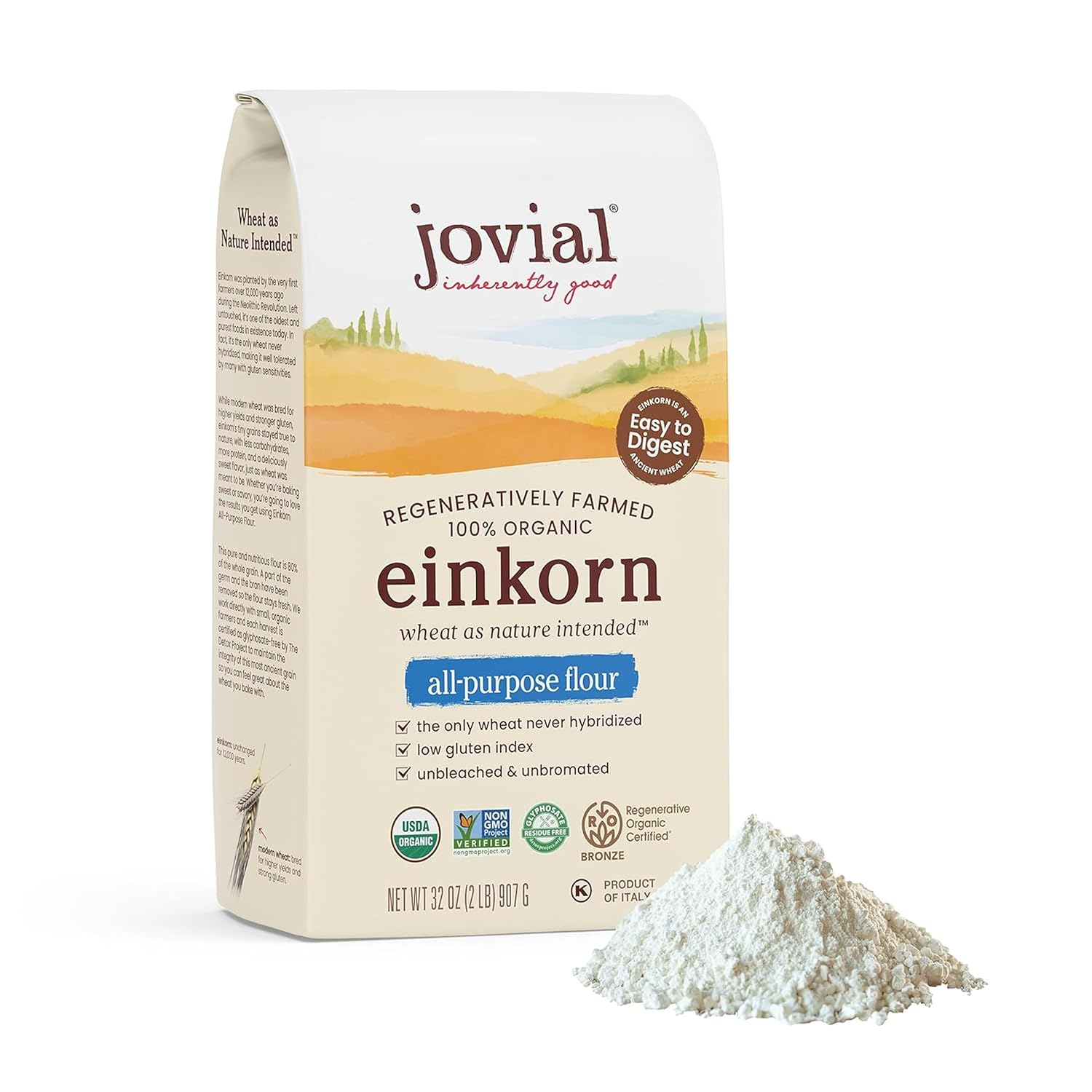 Jovial Organic Einkorn Unbleached All Purpose Flour - Bread Baking Flour for Sourdough, High Protein, Non-GMO, For Organic Pizza & Pasta, European Italian Made, Glyphosate Free - 32 Oz