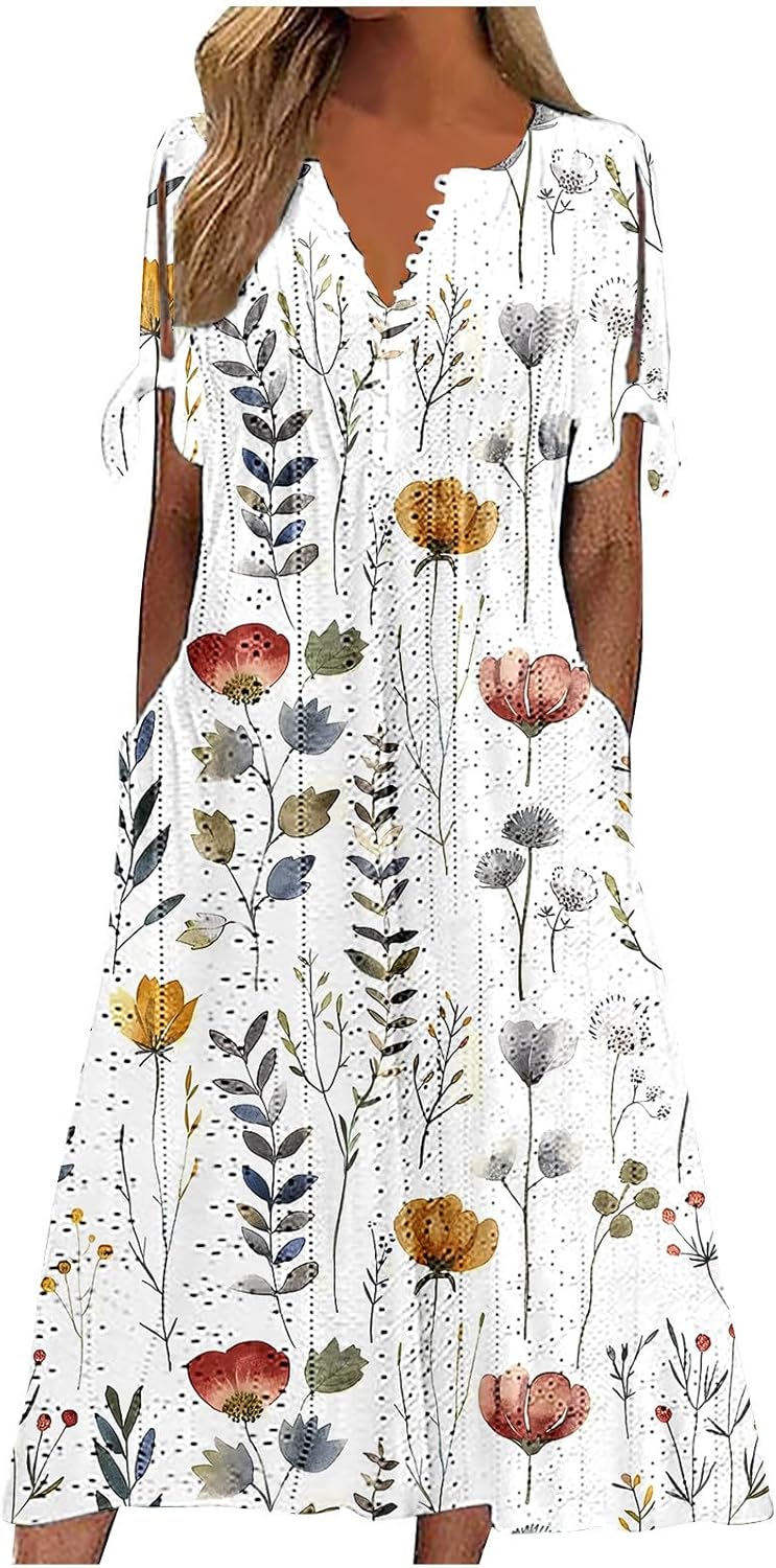 Dresses for Women UK, Holiday Essentials Ladies Summer Boho Dresses Short Sleeve Casual Beach Midi Sundress V Neck Hollow Out Eyelet Ruffle Swing A Line Flowy Vacation Dress