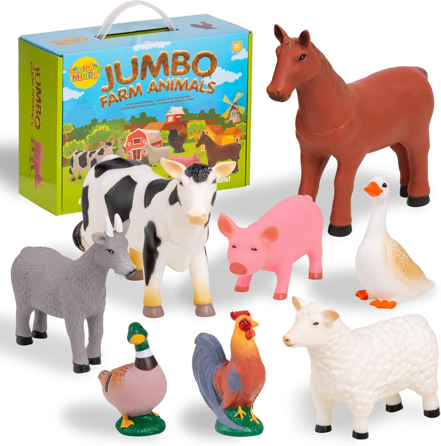 Learning Minds Set of 8 Jumbo Farm Animal Figures - Farm Animals for Toddlers Age 1-3 - Farm Toy for Kids Age 18 Months Plus - Animal Toys for Kids 1,2,3 Years Old