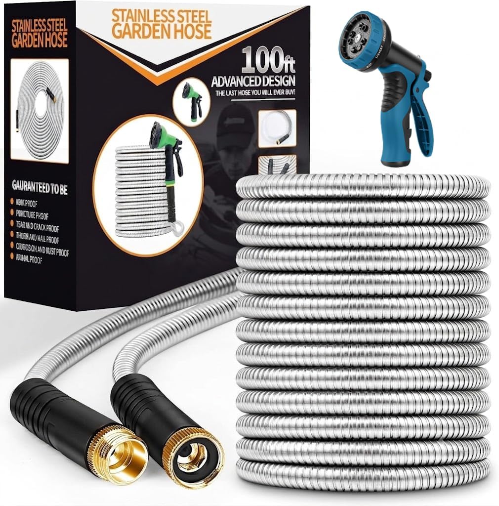 Unywarse Garden Hose 100FT Metal Water Hose with 10 Function Nozzle No-Kink