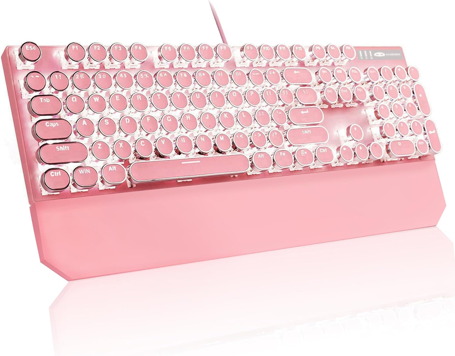 MageGee Typewriter Mechanical Gaming Keyboard, Retro Pink Punk Round Keycaps LED White Backlit Wired Keyboards with Detachable Wrist Rest for Game and Office, for Windows Laptop PC Mac - Blue Switches