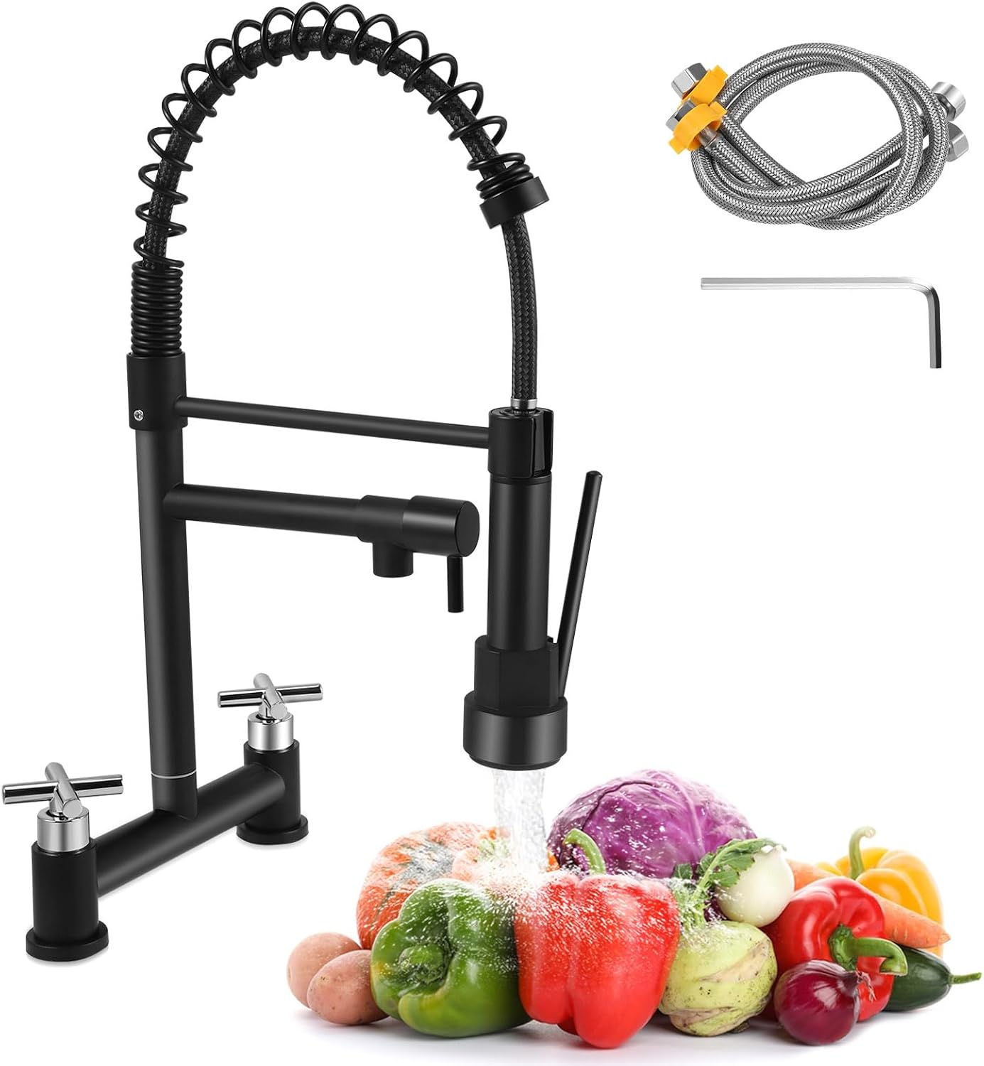 2 Hole Kitchen Mixer Taps, Bridge Kitchen Mixer Taps with Lock, Black Sink Mixer Taps 360° Swivel Dual Levers Brass Faucet with 2 Spray Modes,180 mm Centers Deck Mounted Chrome