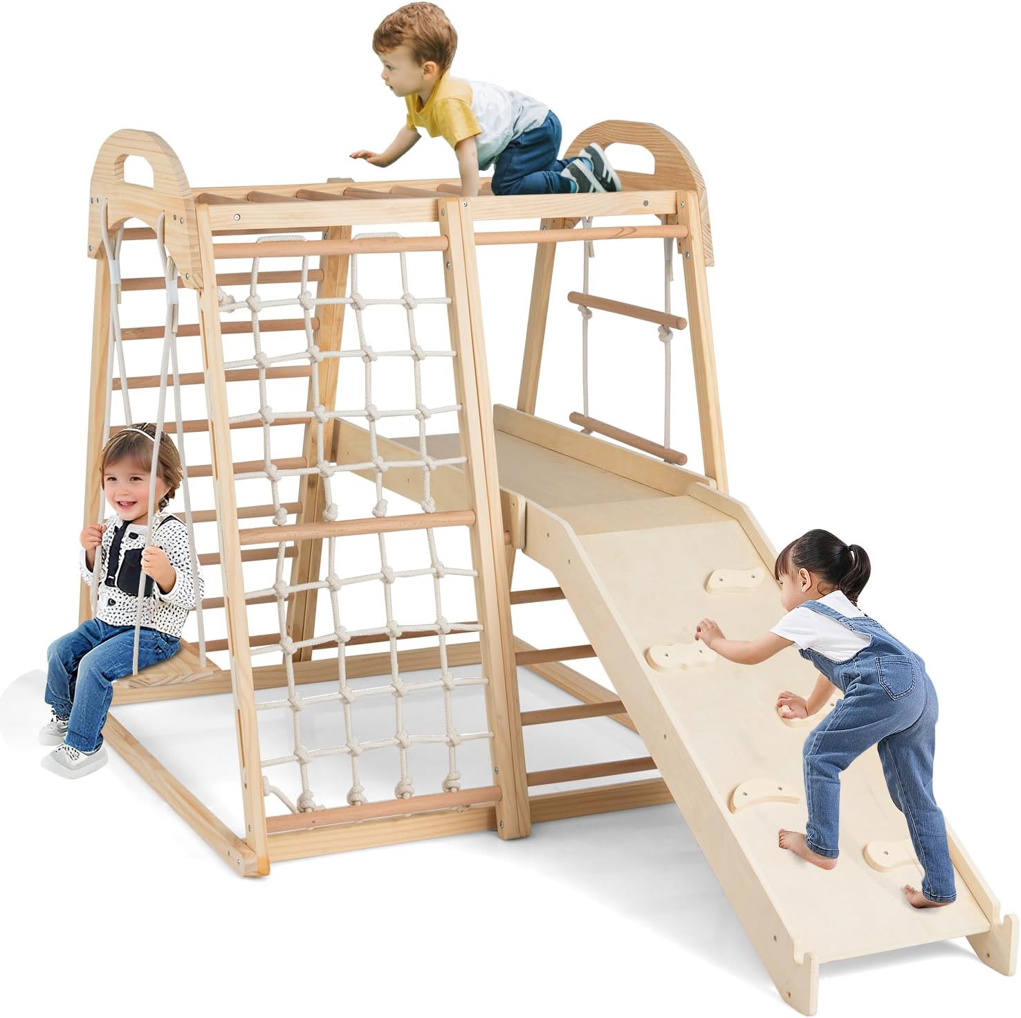 COSTWAY Indoor Climbing Frame for Toddlers, 8 in 1 Wooden Jungle Gym with Double-sided Ramp, Monkey Bar, Swing, Rope Ladder, Climbing Ladder & Net (Natural)
