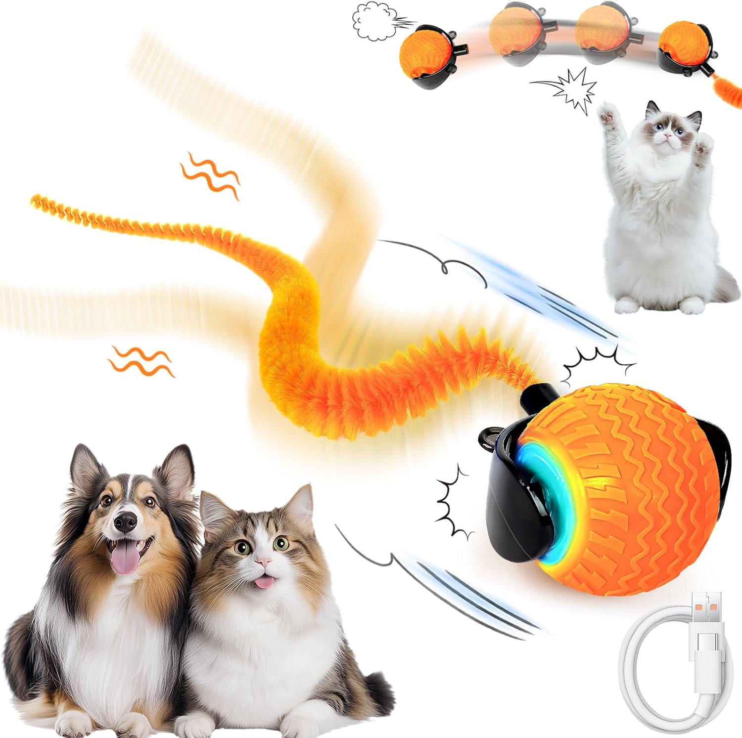 DAMIGHT Interactive Cat Ball Toy, Electric Automatic Rolling Dog Ball with Tail, 360° Active Rolling Toy for Dogs and Cats, Rechargeable Smart Interactive Toys for Pets Gifts