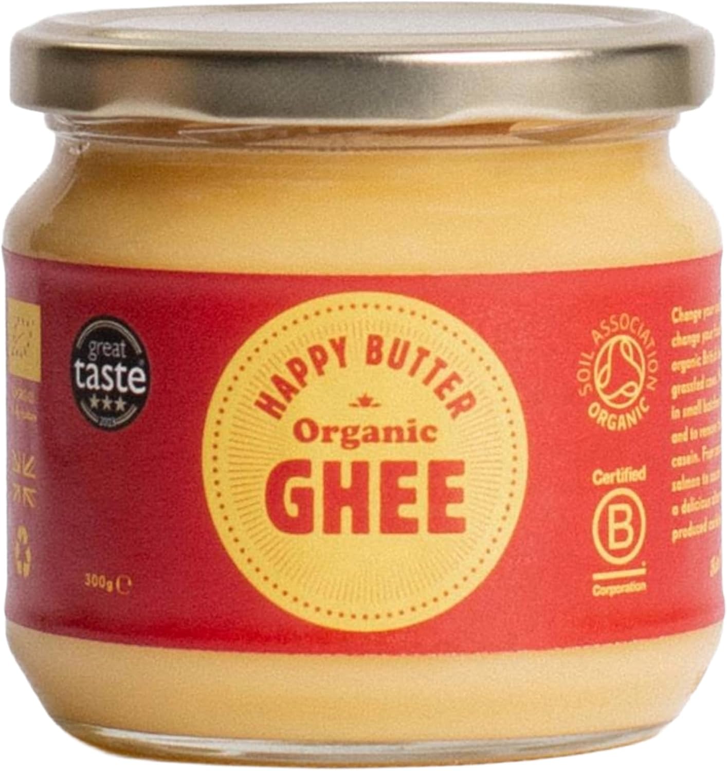 Happy Butter | Organic Ghee 300g – Grass-Fed British Clarified Butter | Lactose & Casein Free | Rich in Vitamins A,D,E & K | Award-Winning Organic Ghee for Cooking, Baking & Bulletproof Coffee |