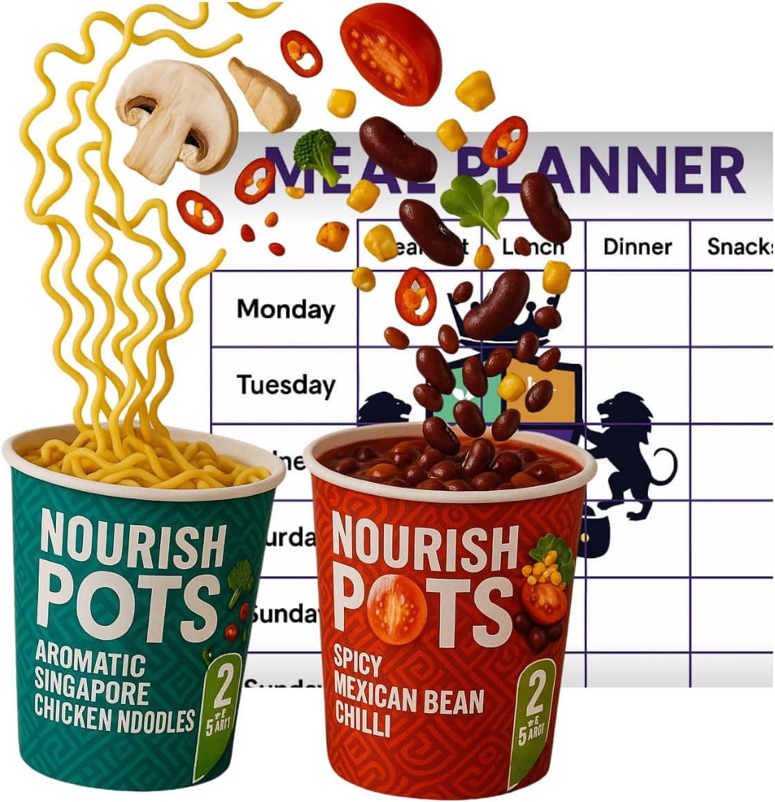 AETN Creations Meal Replacement Nourish Pots – 8 x 60g (4x Mexican Bean Chilli & 4x Singapore Noodle) – Slim Fast Style Low Sugar Protein Ready Meals with 7-Day AETN Meal Planner Guide