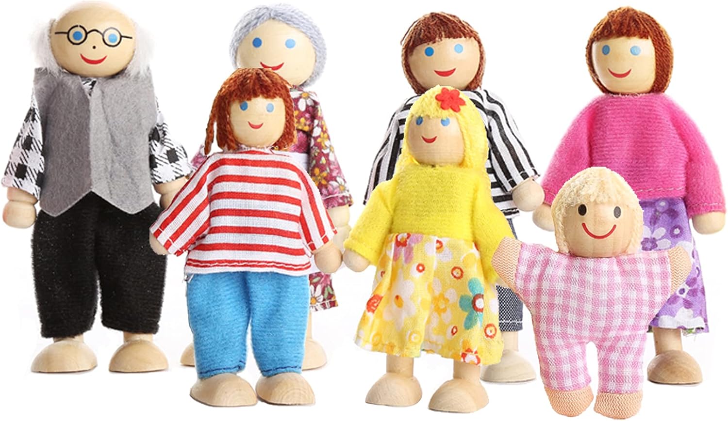 Wagoog Wooden Doll House Dolls, Happy Family Dolls House Furniture Accessories, Dolls People Playset for Dollhouse Kids Children Toy