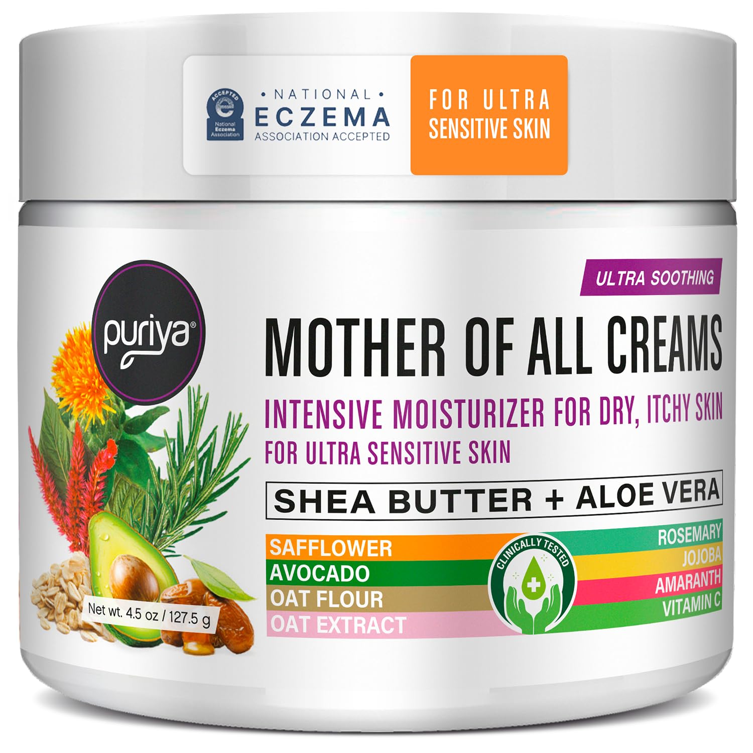 Puriya National Eczema Association Accepted Cream 4.5 oz, Dry Itchy Skin Relief, Colloidal Oatmeal Lotion, For Kids, Adults, Face, Hands, Mother of All Creams, Plant-Based Hydration,No Fragrance Added