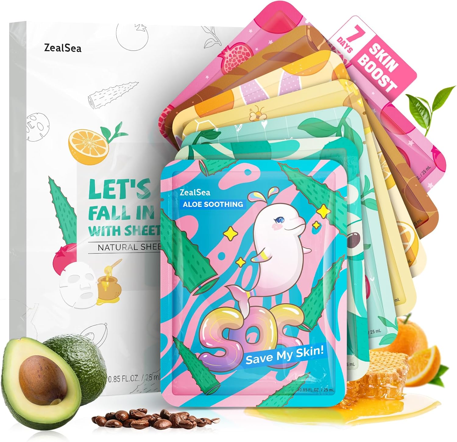 Face Masks Skincare, Face Mask Beauty, Hydrating Facial Masks, Zealsea Natural Sheet Mask, Pamper Gifts for Women, Party Birthday Gifts for Teenage Girls Kids, Biodegradable Sheets, Moisturizing 7pcs