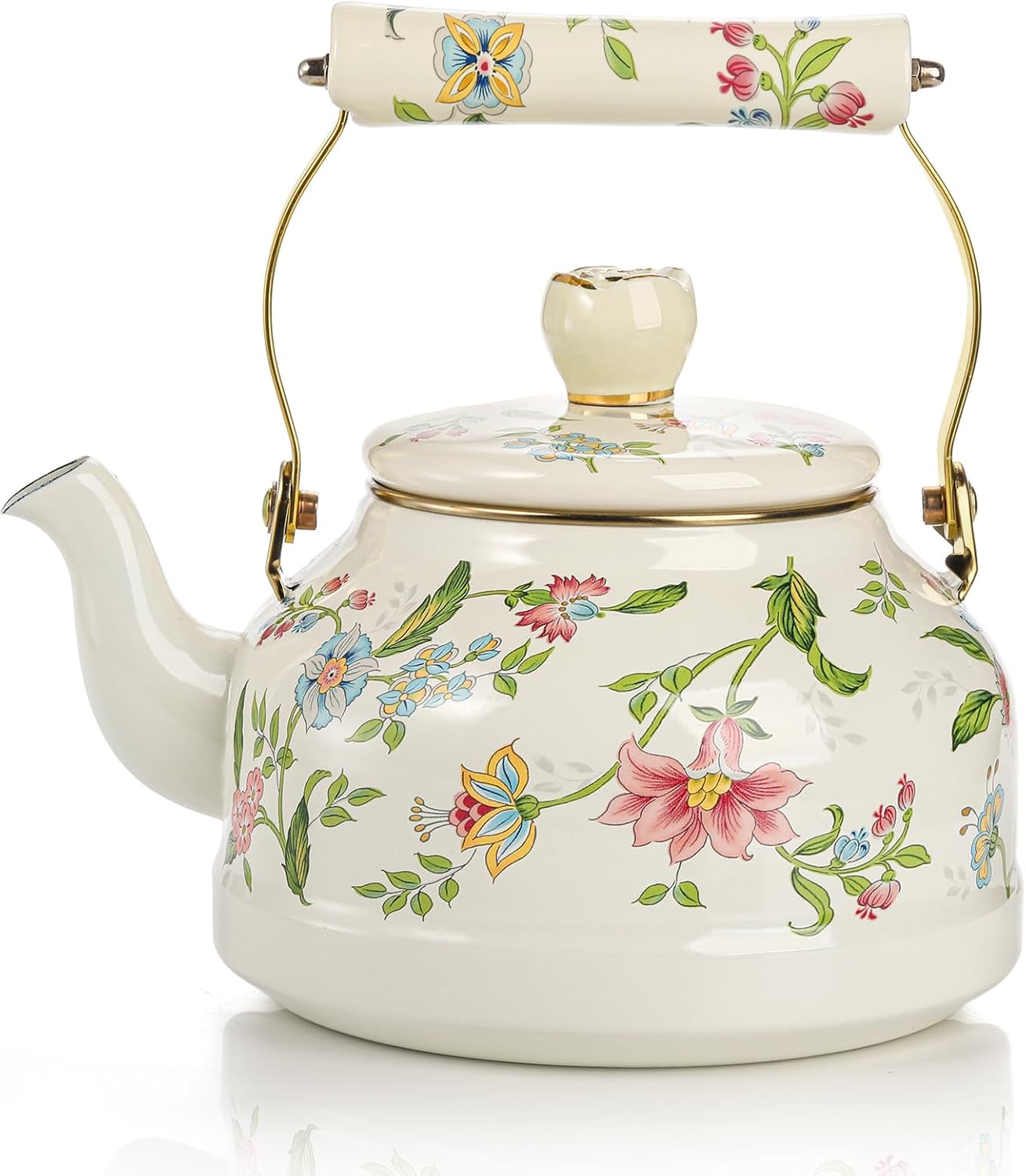 Jucoan 2.6 Quart Vintage Enamel Tea Kettle, Green Floral Stovetop Water Kettle Teapot with Porcelain Handle for Home Kitchen Camping Tea Party, Gift for Bridal Shower Wedding Housewarming