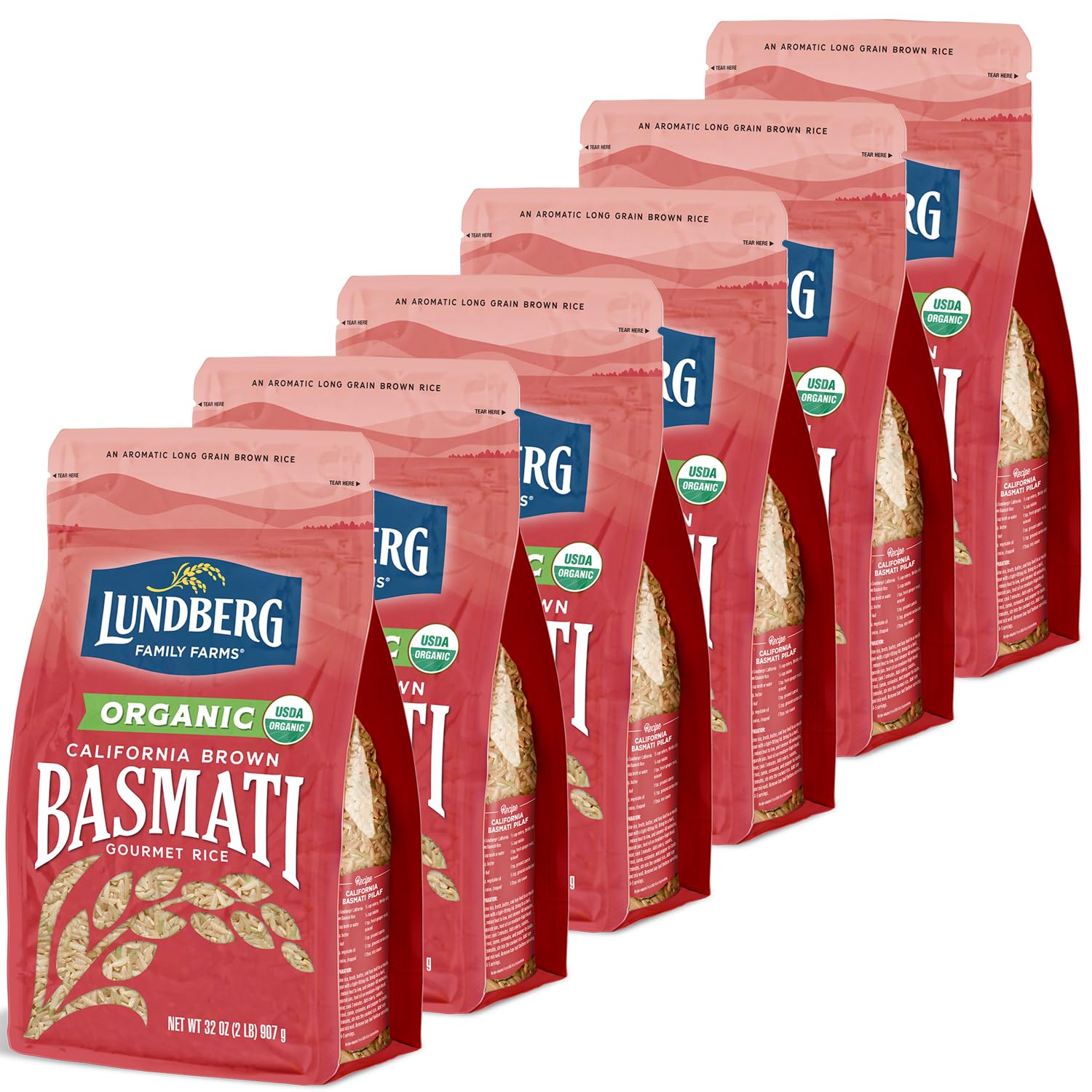 Lundberg Basmati Rice, Organic Long Grain Brown Rice - Non-Sticky, Fluffy Aromatic Rice Grown in California, Pantry Staples, Chip Clip Included, 32 Oz (Pack of 6)