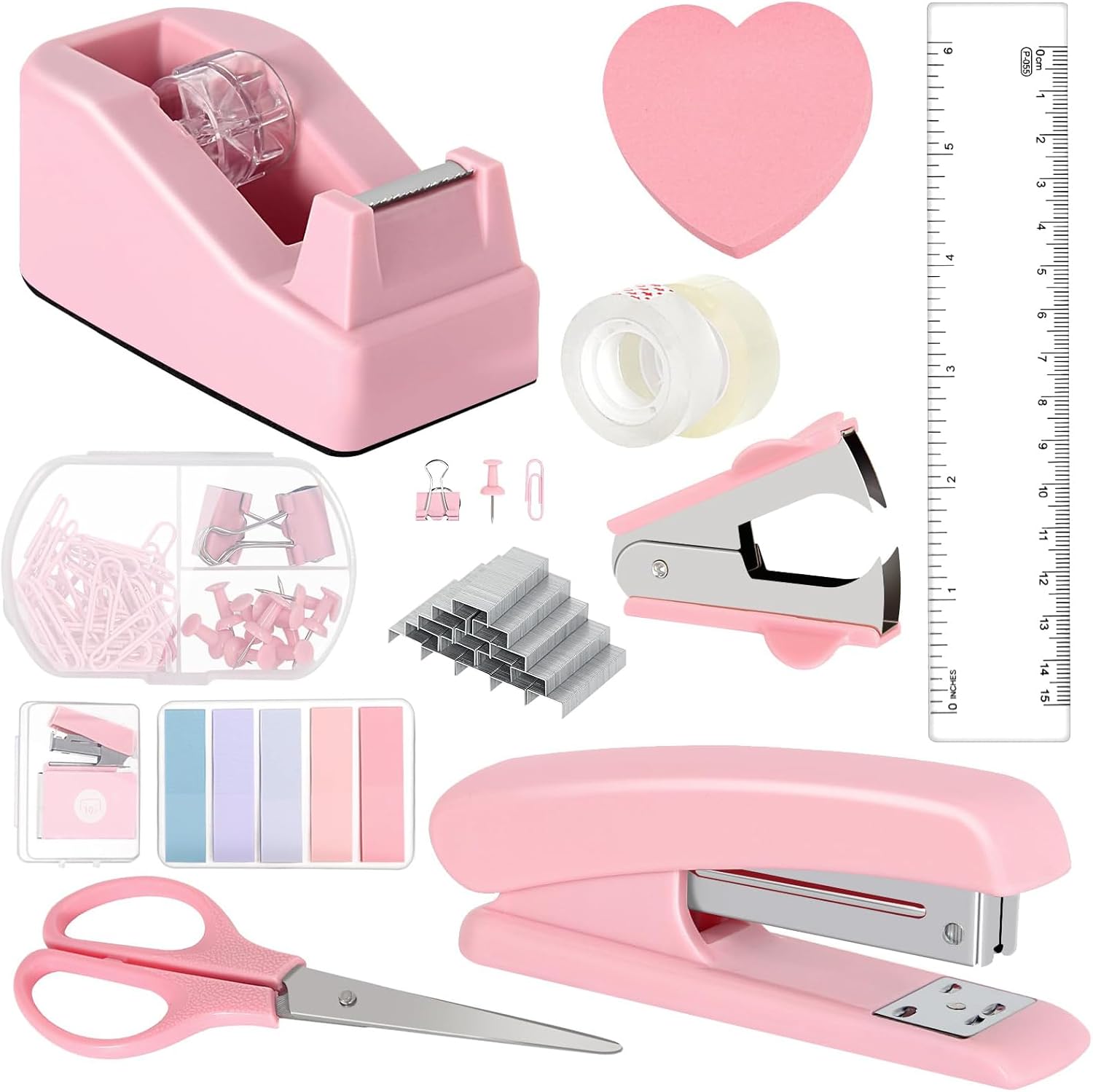 Pink Office Supplies, Includes Stapler and Tape Dispenser, Ruler,Tape, Scissors,Tabs Clips, and Other Accessory, Pink Desk Accessories Stationery Set for Students, Cowokers, Teachers