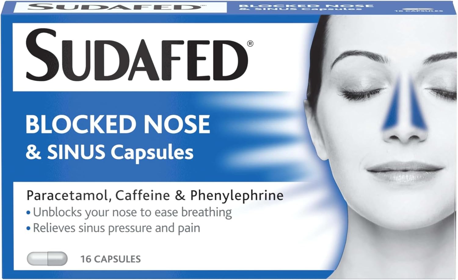 Sudafed Blocked Nose and Sinus Capsules (1x16 Capsules), Unblocks Nose to Ease Breathing, Pressure and Pain Sinus Relief, Decongestant with Phenylephrine Hydrochloride, Caffeine, and Paracetamol