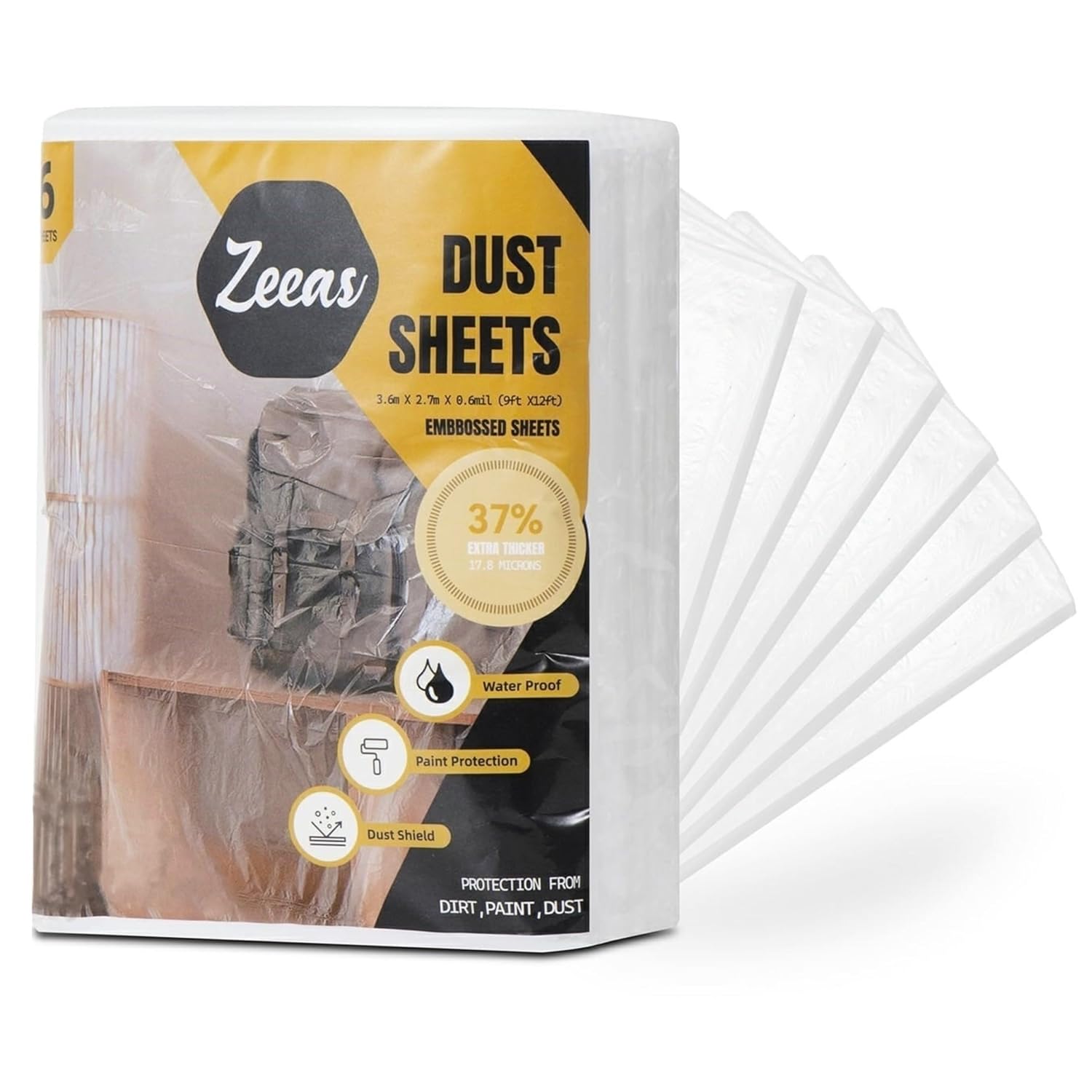 ZEEAS 6 Pack Large Dust Sheets for decorating & Painting | 3.6m x 2.7m x 0.6mil Plastic Sheet for Furniture & Floor Protection - Disposable Waterproof Polythene Sheets (DS Pack of 6)