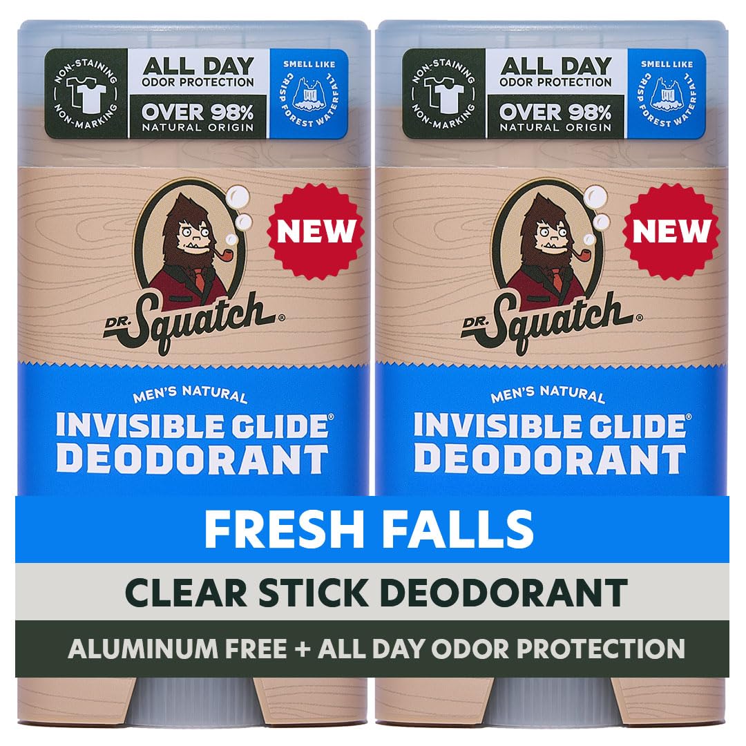 Dr. Squatch Invisible Glide Natural Men’s Deodorant – Smooth Glide, No Stains – Aluminum Free Deodorant Men – Safe for Sensitive Skin – Fresh Falls, 2.65oz (2-Pack)